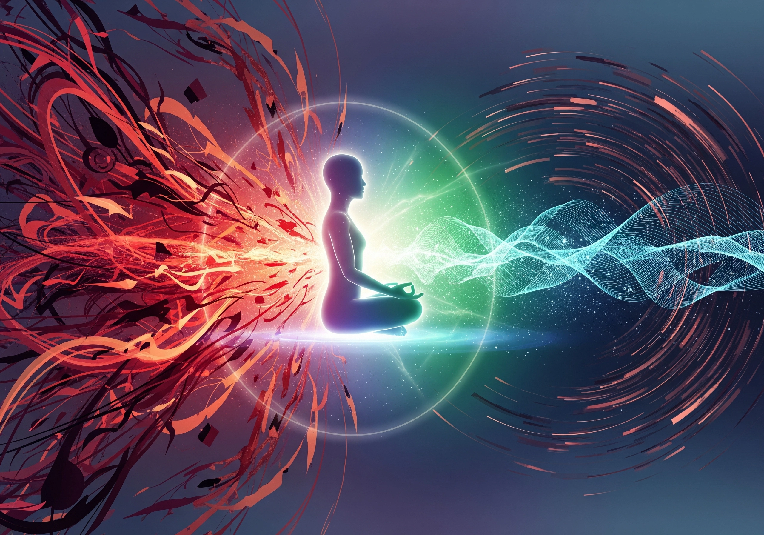 Meditating figure in lotus pose surrounded by red and blue energy waves for mindfulness.
