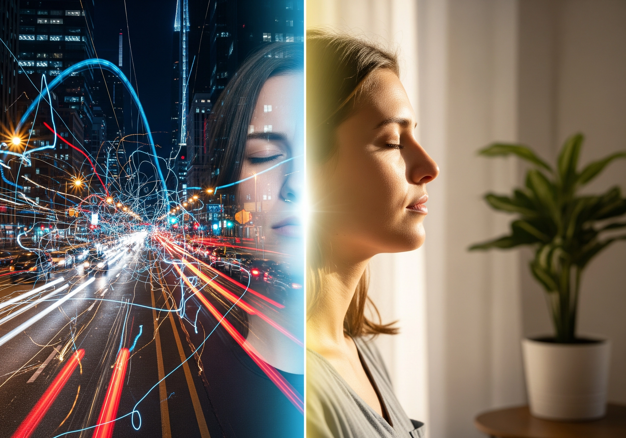 Woman's face split between chaotic city lights and serene indoor scene, representing stress reduction.