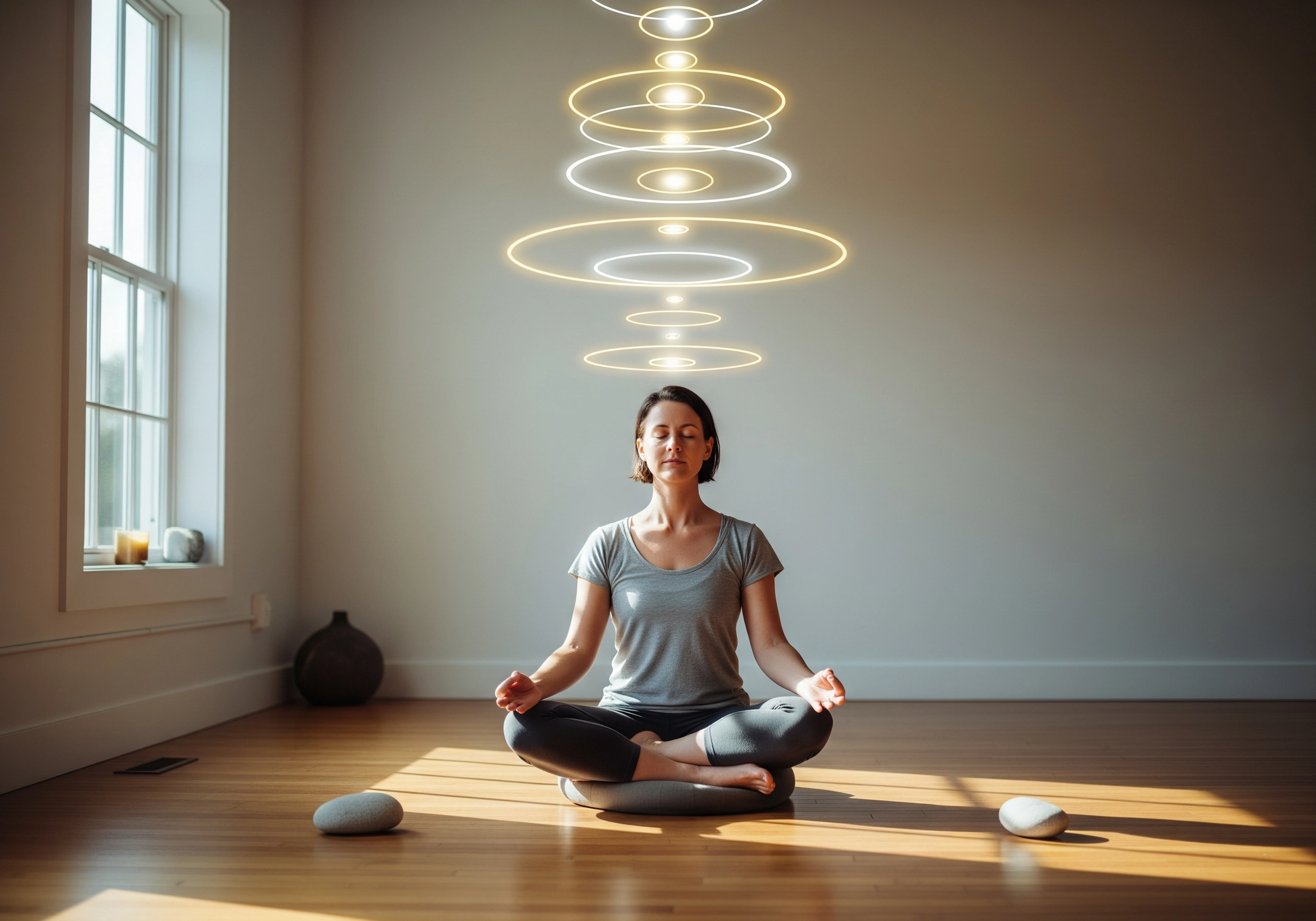 Woman in lotus position practicing mindfulness meditation with glowing orbs above