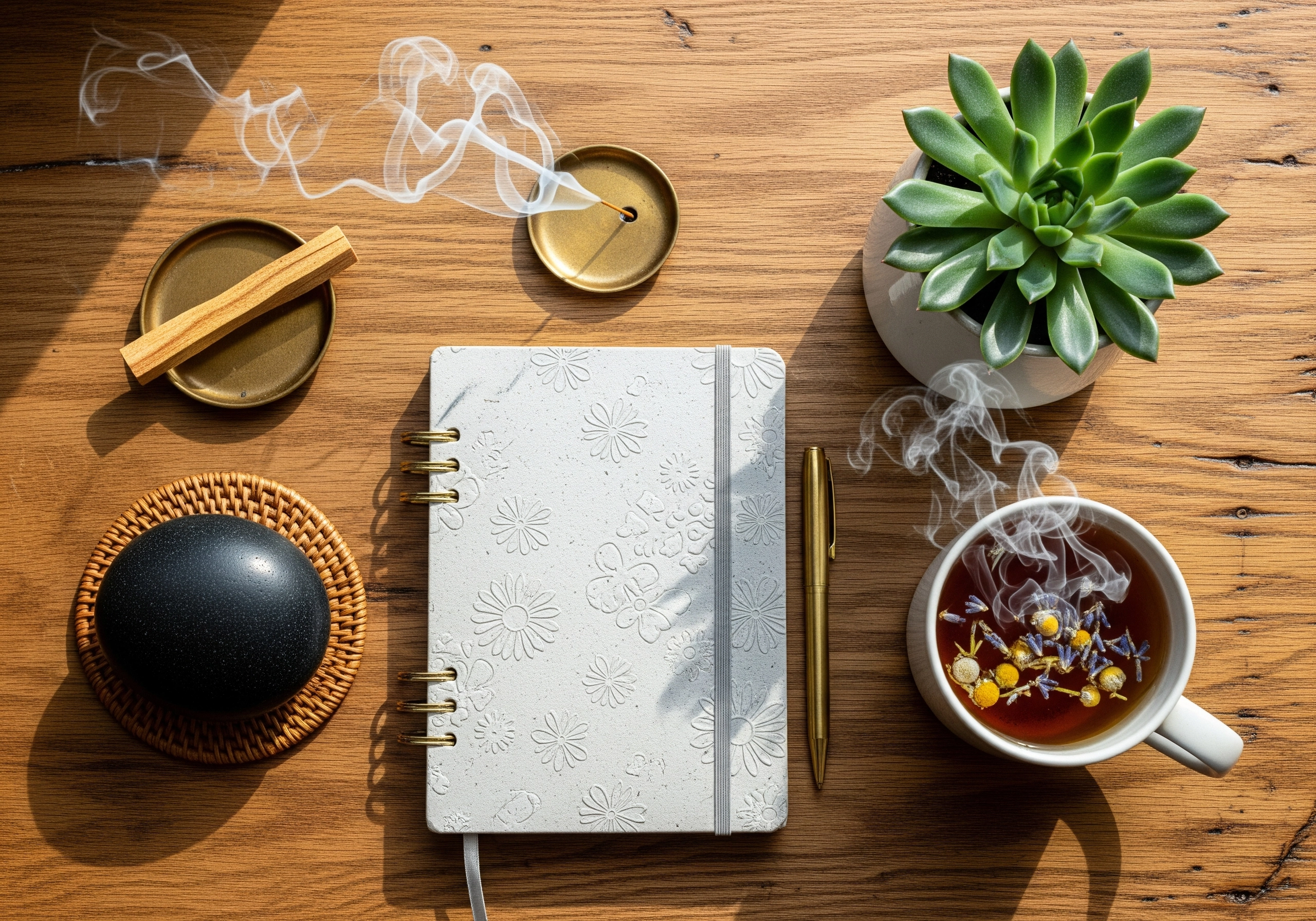 Overhead shot of tea, journal, and succulent for a mindful practice