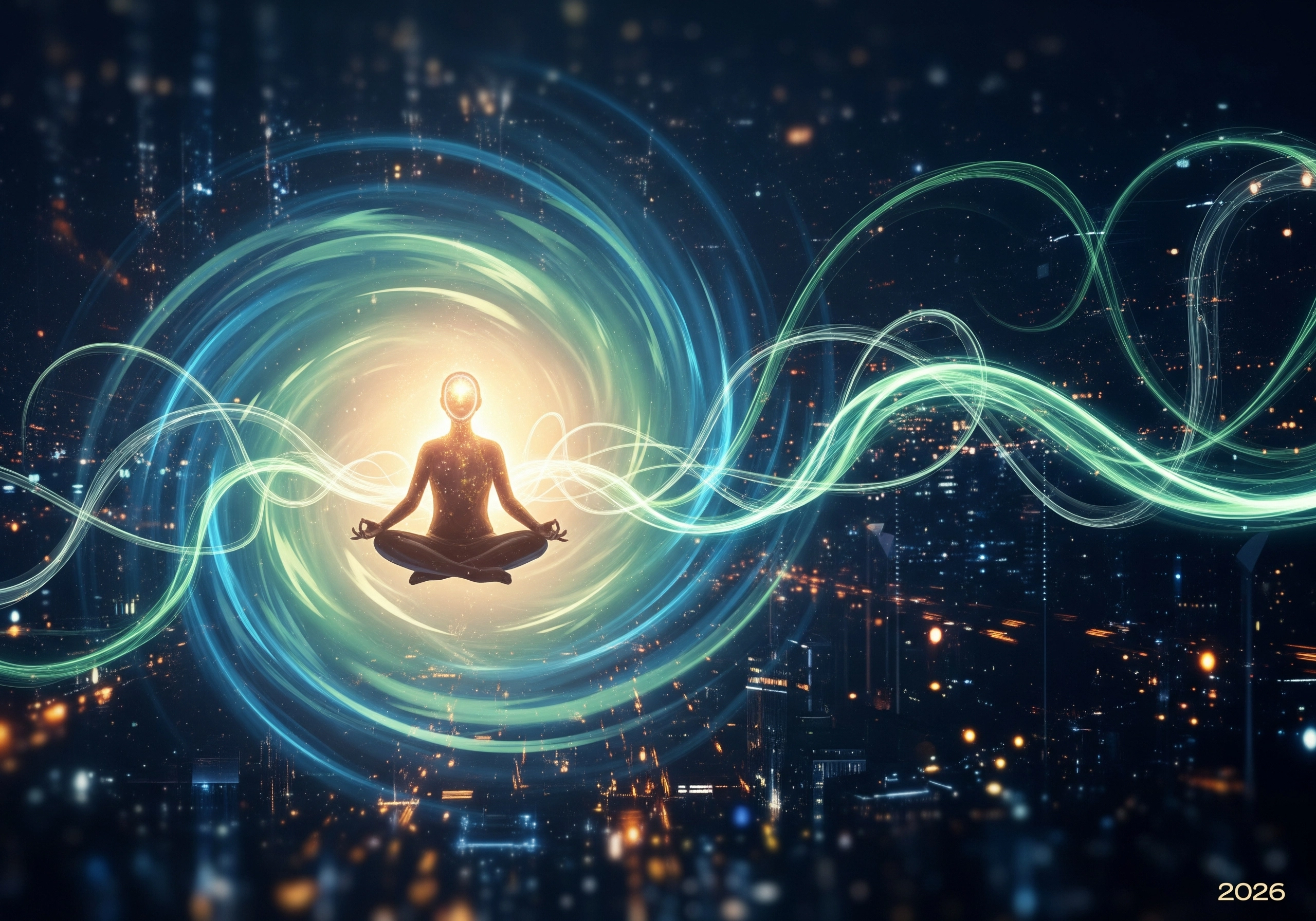 Meditating figure in lotus pose with swirling energy, representing mindfulness exercises.