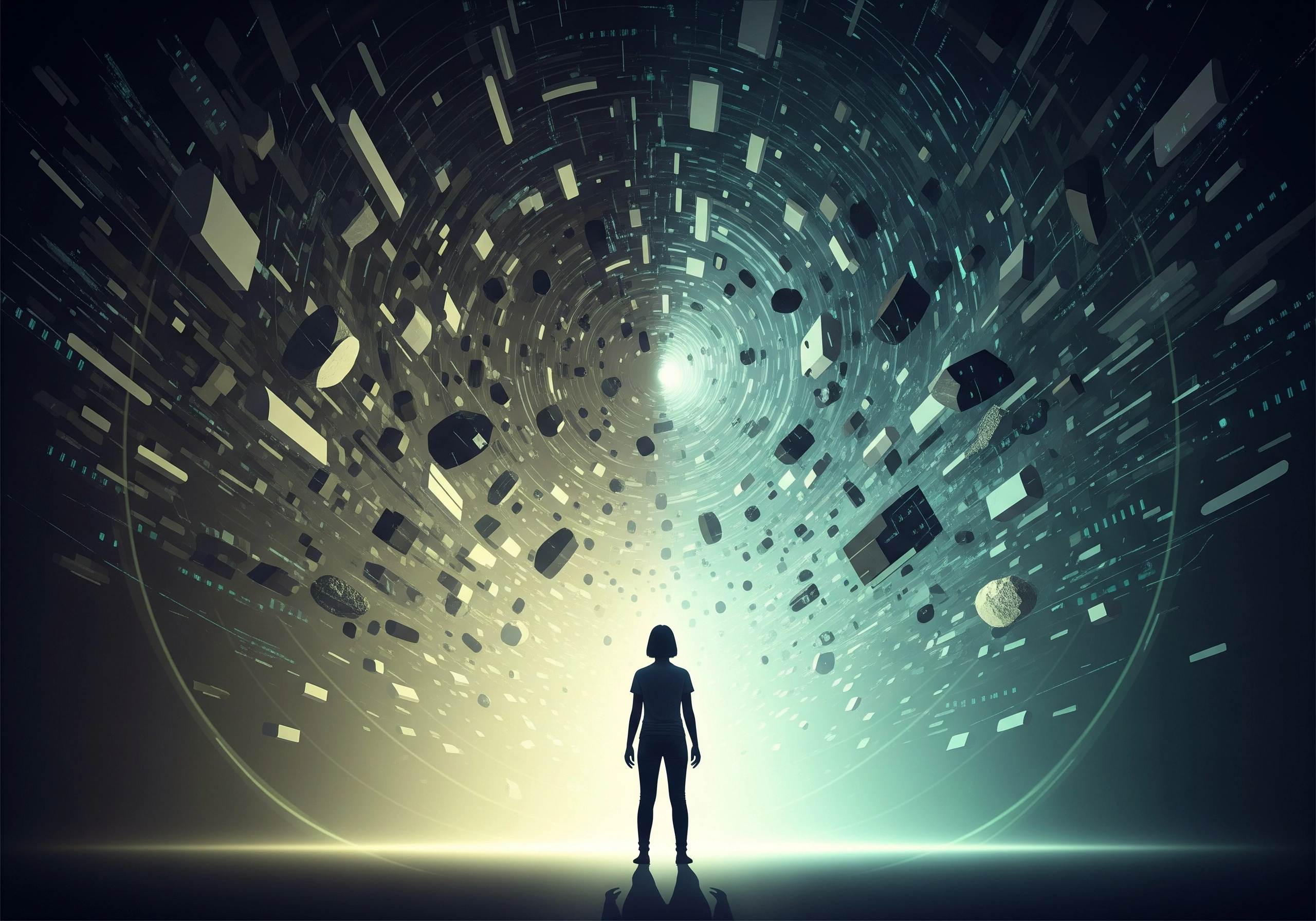 Silhouette of person staring at abstract geometric shapes, could represent stress reduction.