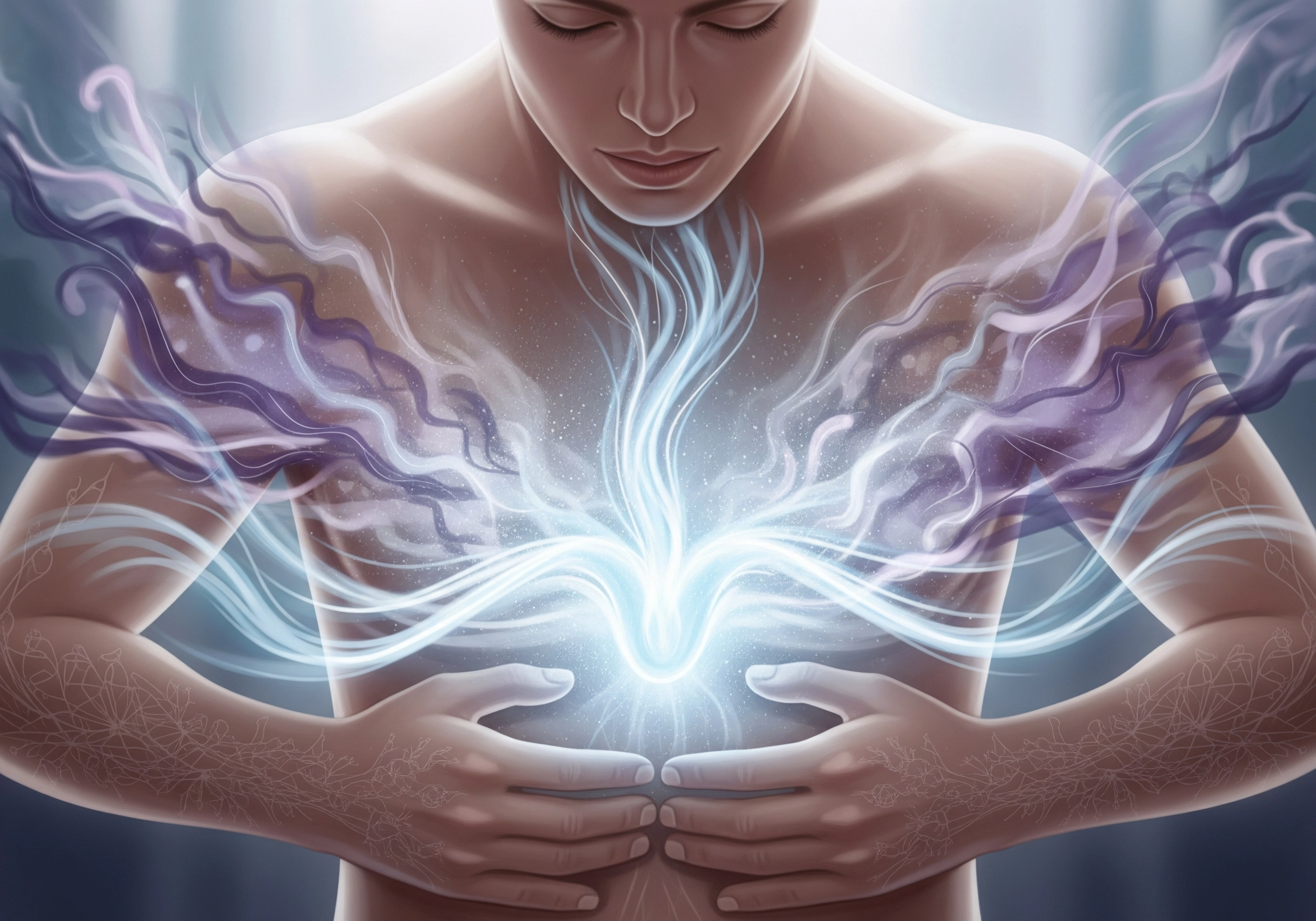 Person with hands on chest, glowing light, showcasing mindful self-compassion.