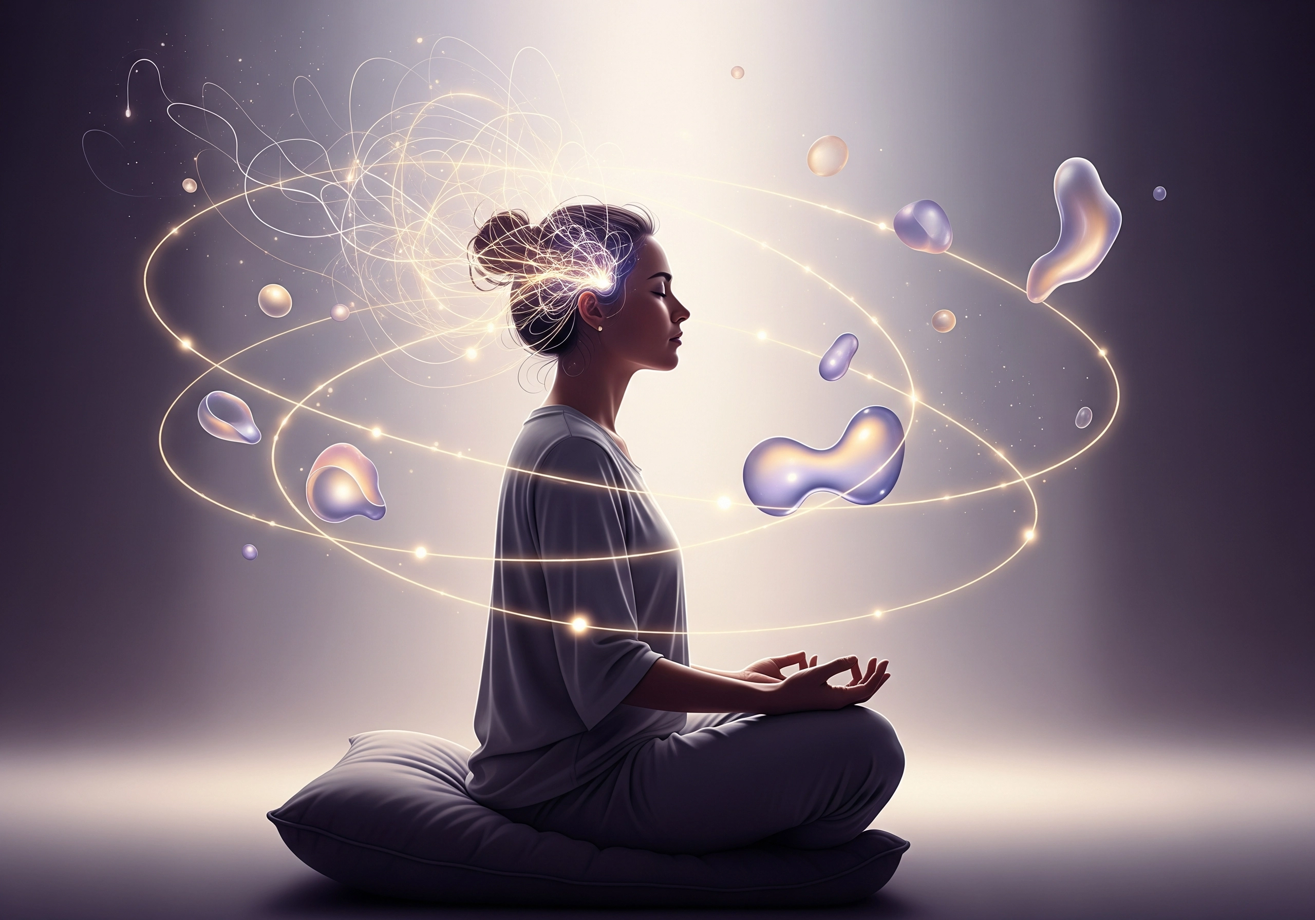 Woman meditating in lotus pose with glowing mindfulness aura for stress reduction.