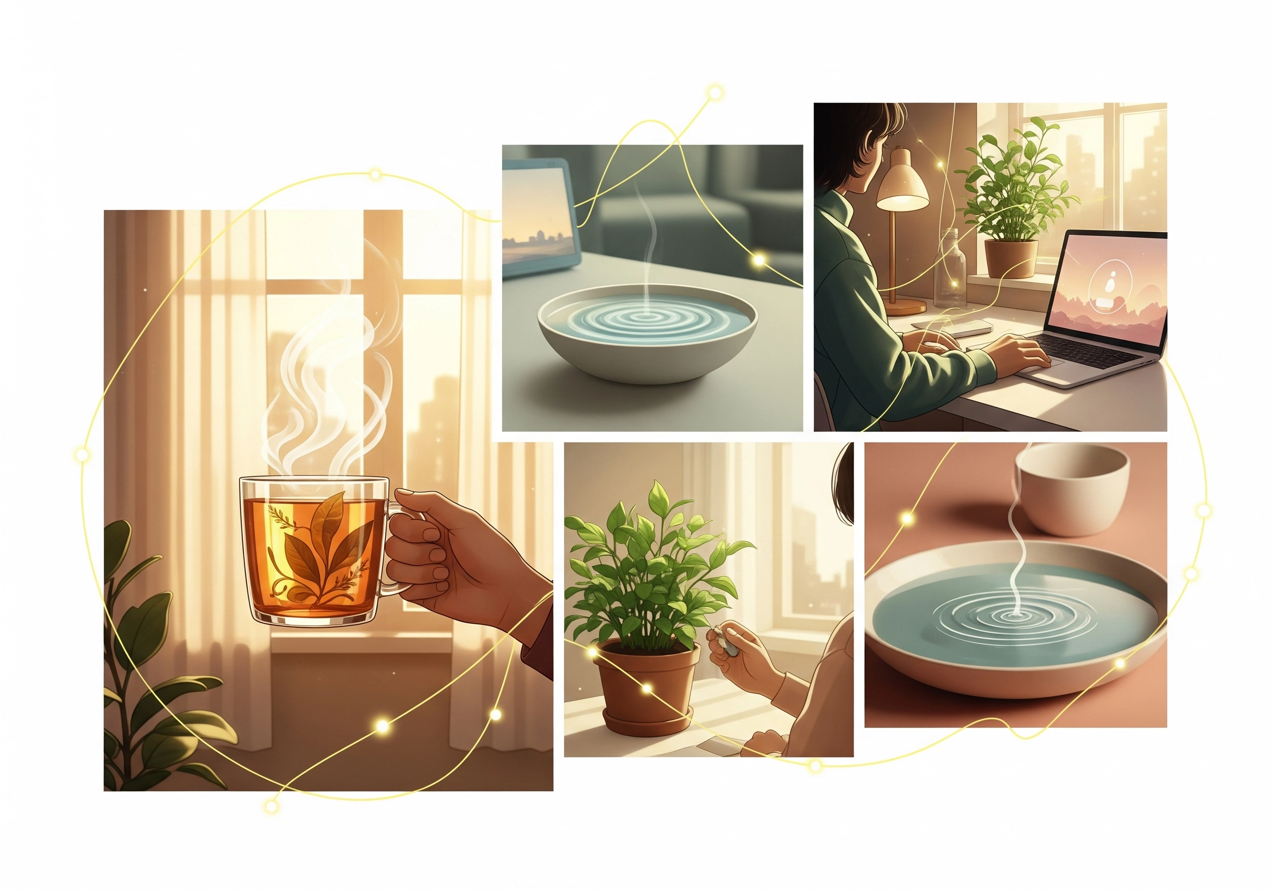 Montage of calming activities: drinking tea, watering plants, mindful work from home.