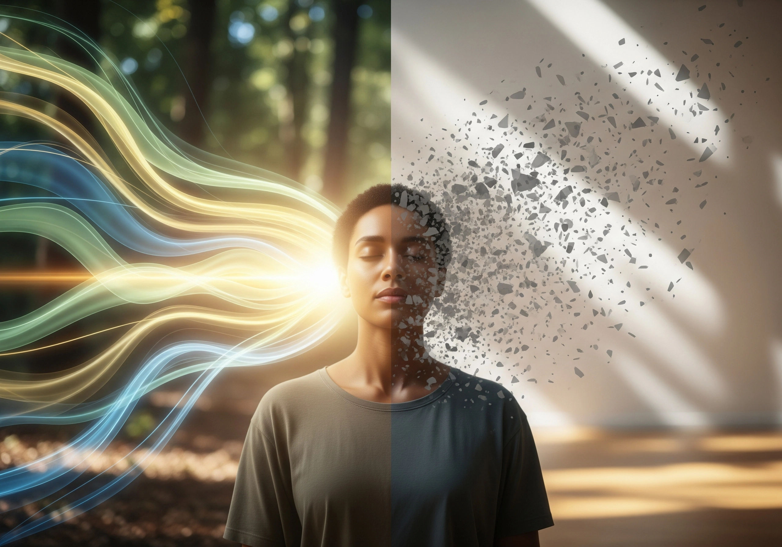 Woman practicing mindfulness meditation with light streams and dissipating particles