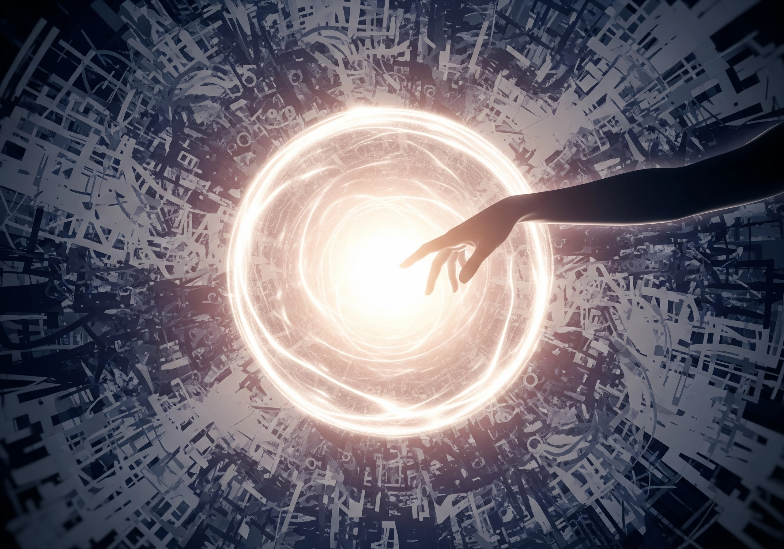 Hand reaching towards a swirling vortex of light, representing finding inner peace.