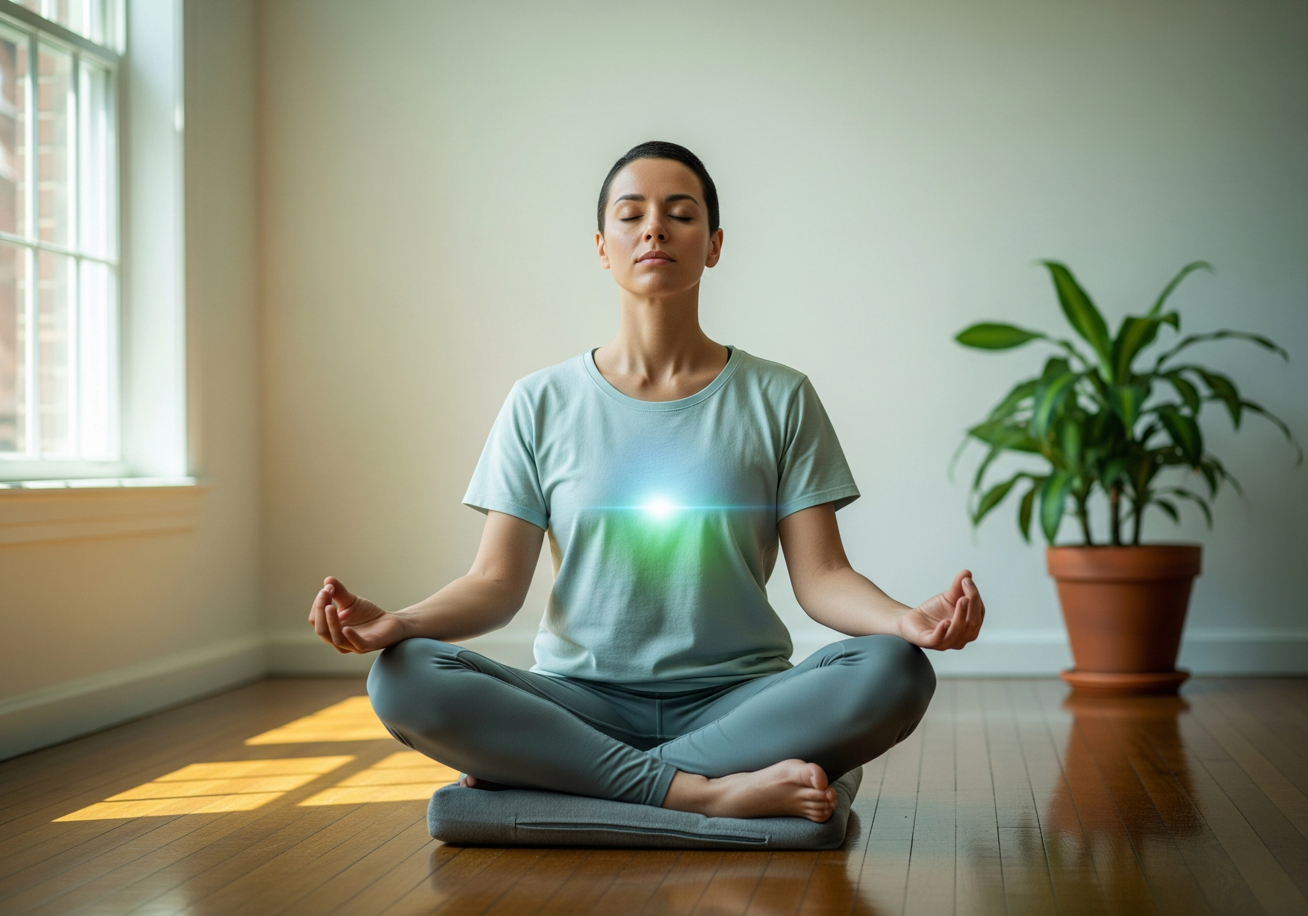 Woman in lotus position practicing mindfulness meditation for mental health and stress reduction
