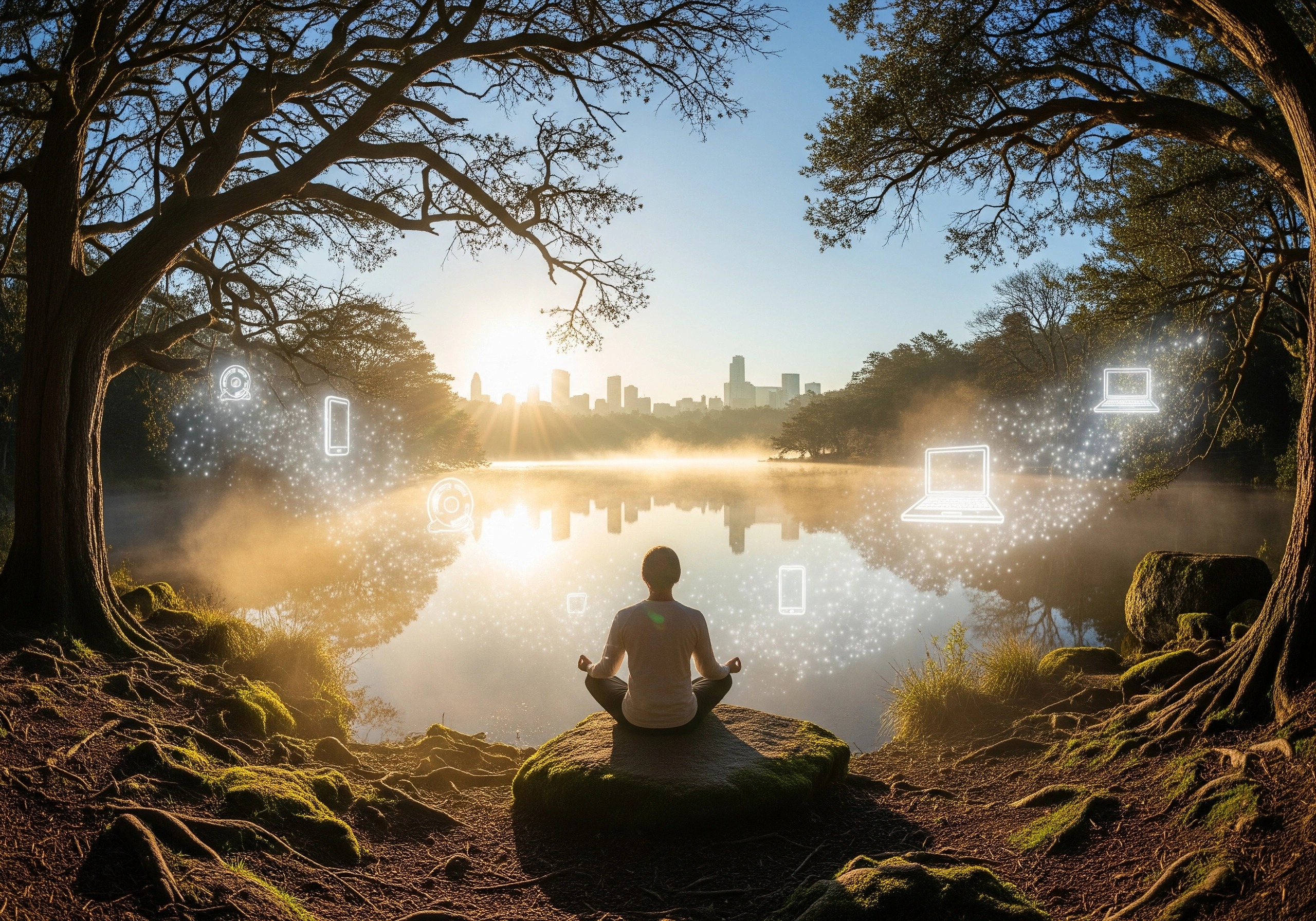 Person in lotus pose practicing mindfulness meditation by a serene lake at sunrise.
