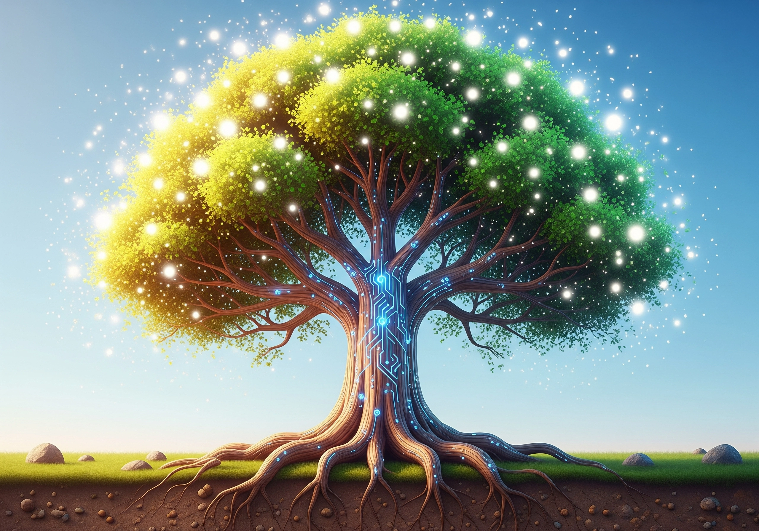 Glowing tree with digital circuit pattern; metaphor for mindfulness and inner peace.