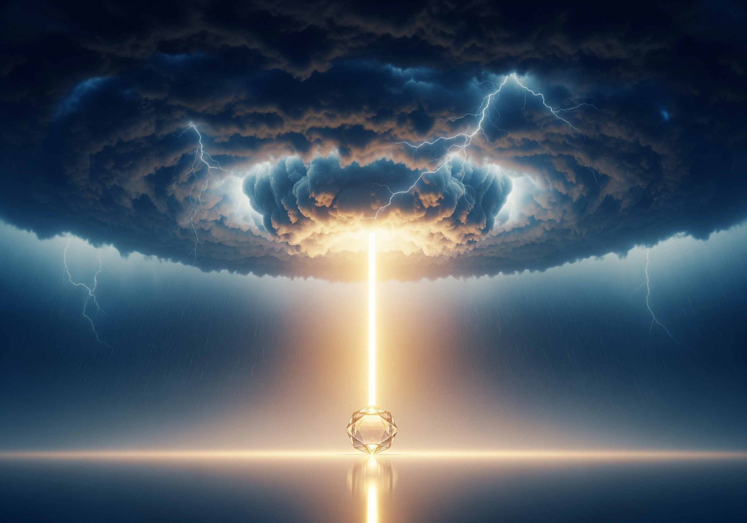 Storm cloud with lightning above a faceted crystal and bright light beam.