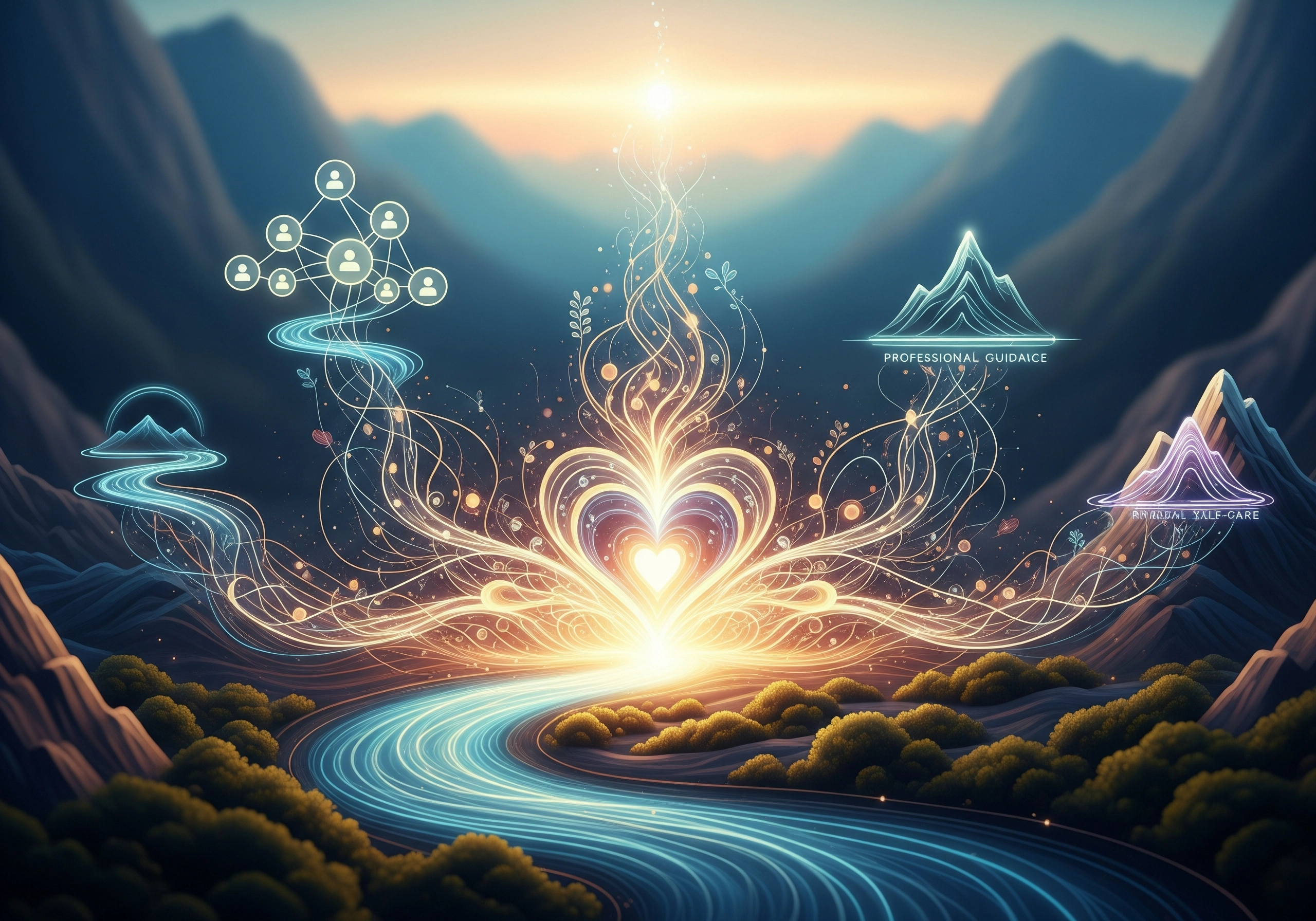 Mountain landscape with glowing symbols representing mindfulness practices.
