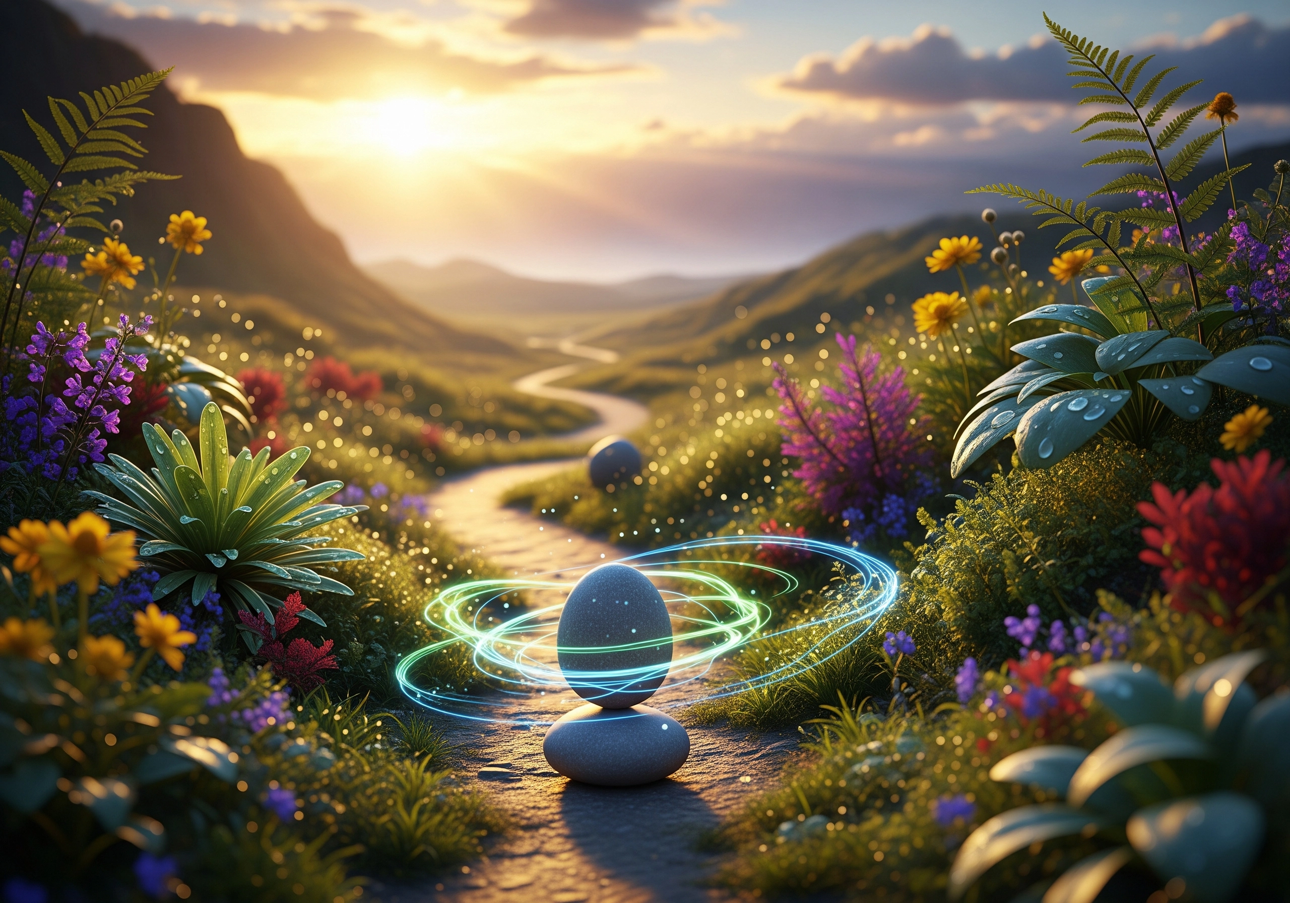 Stacked stones with glowing aura, landscape background. Represents mindfulness meditation and achieving balanced life.