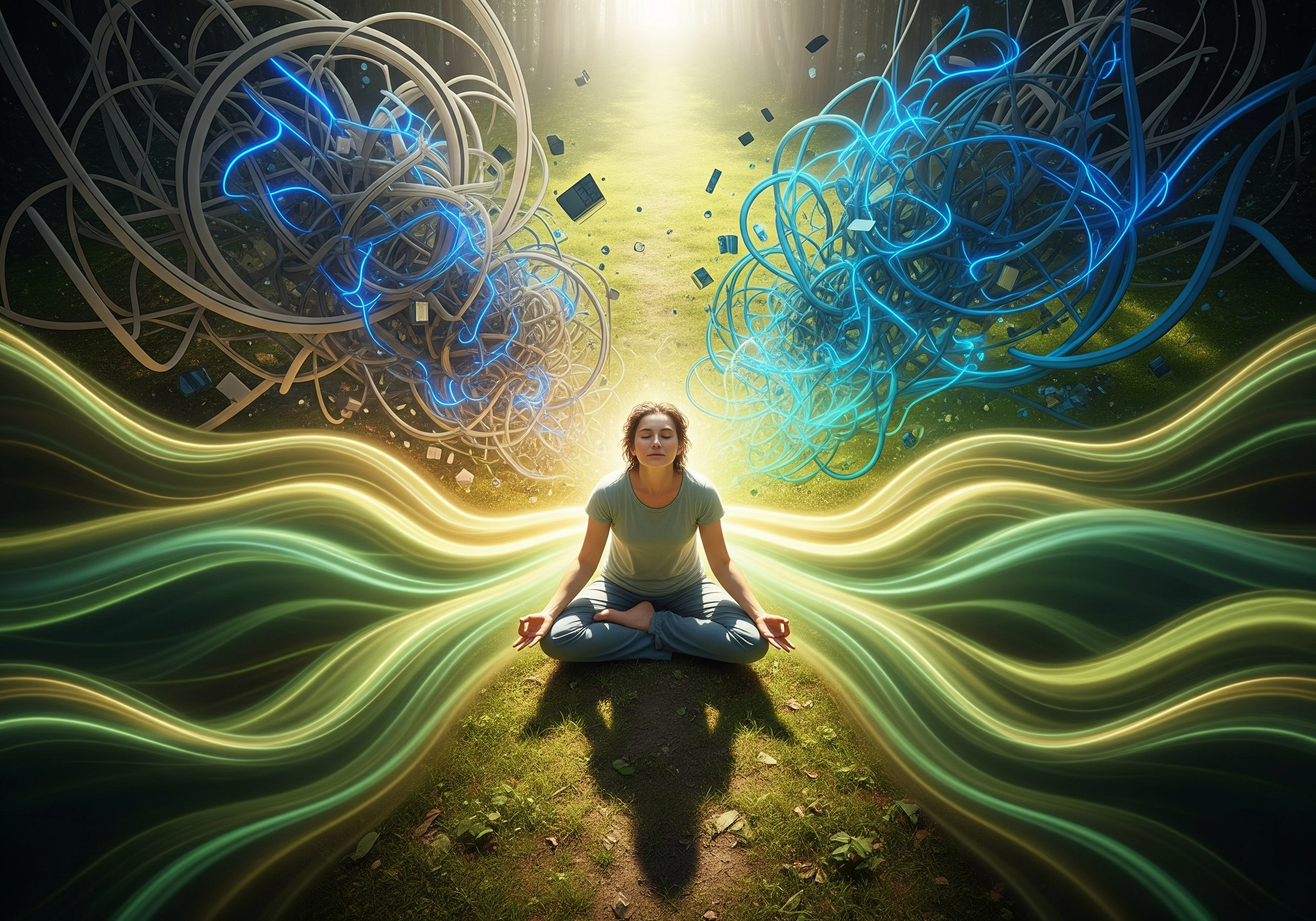 Woman in lotus position mediating for mental clarity. Practicing mindfulness for stress reduction.