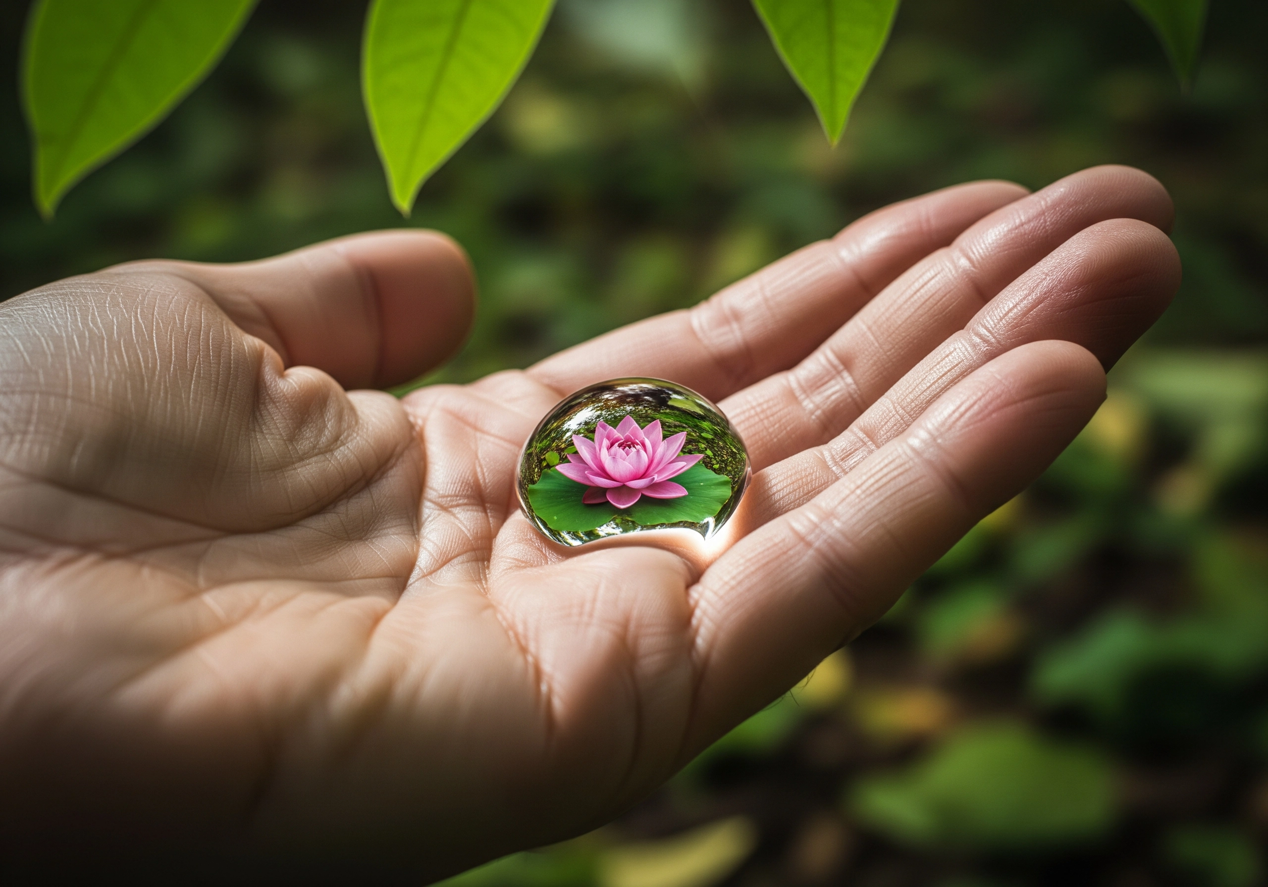 Hand holding clear orb reflecting a lotus flower, symbolizing daily mindfulness practice.