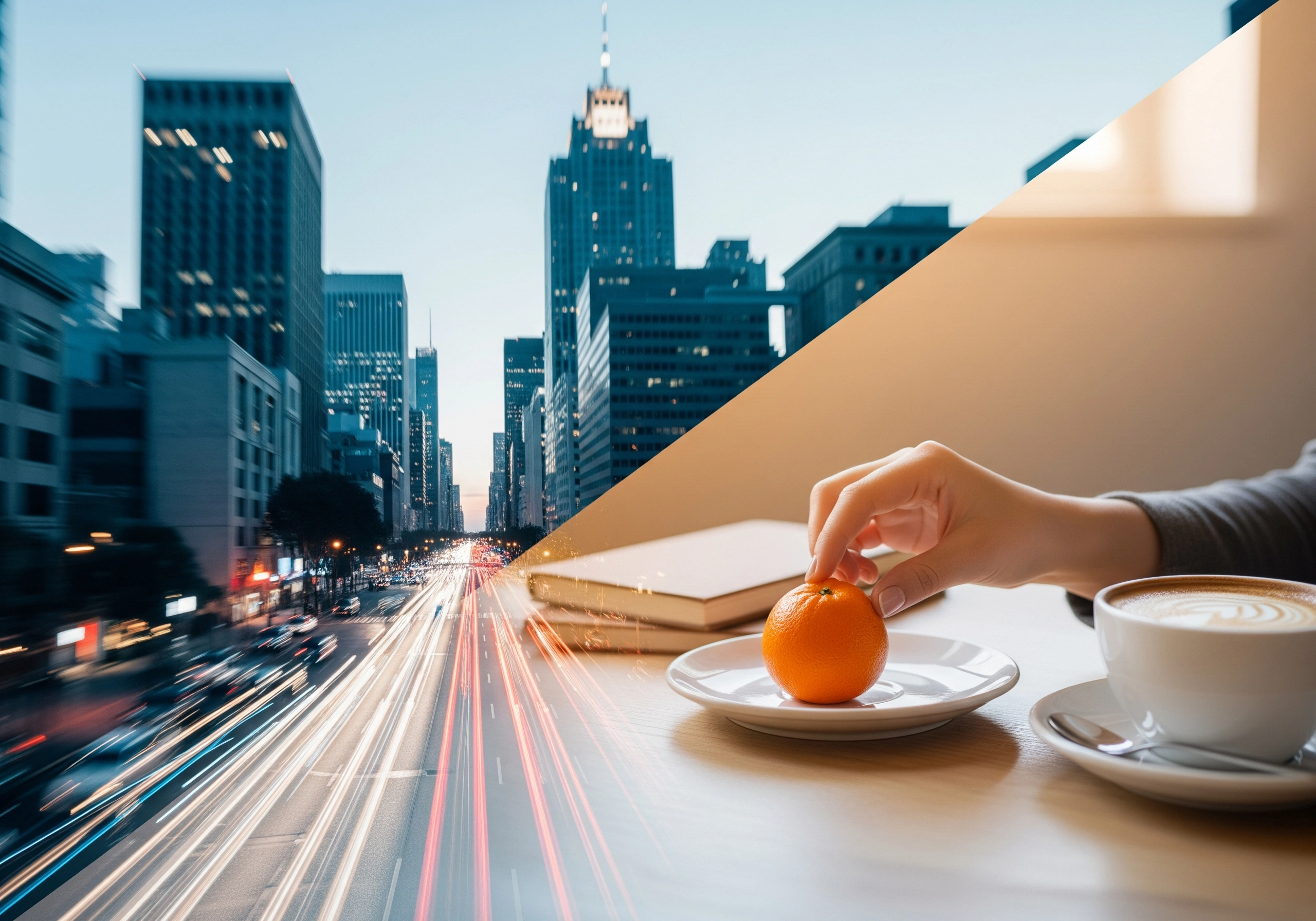 Montage of city traffic and woman practicing mindfulness with an orange and coffee.