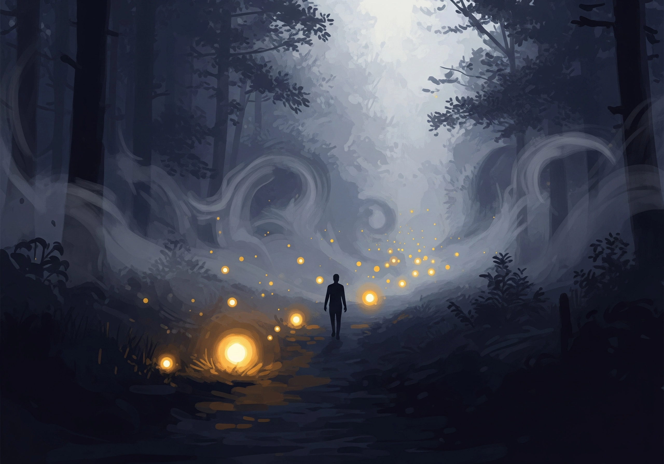 Silhouette of person walking a path in a dark, enchanted forest with glowing orbs.