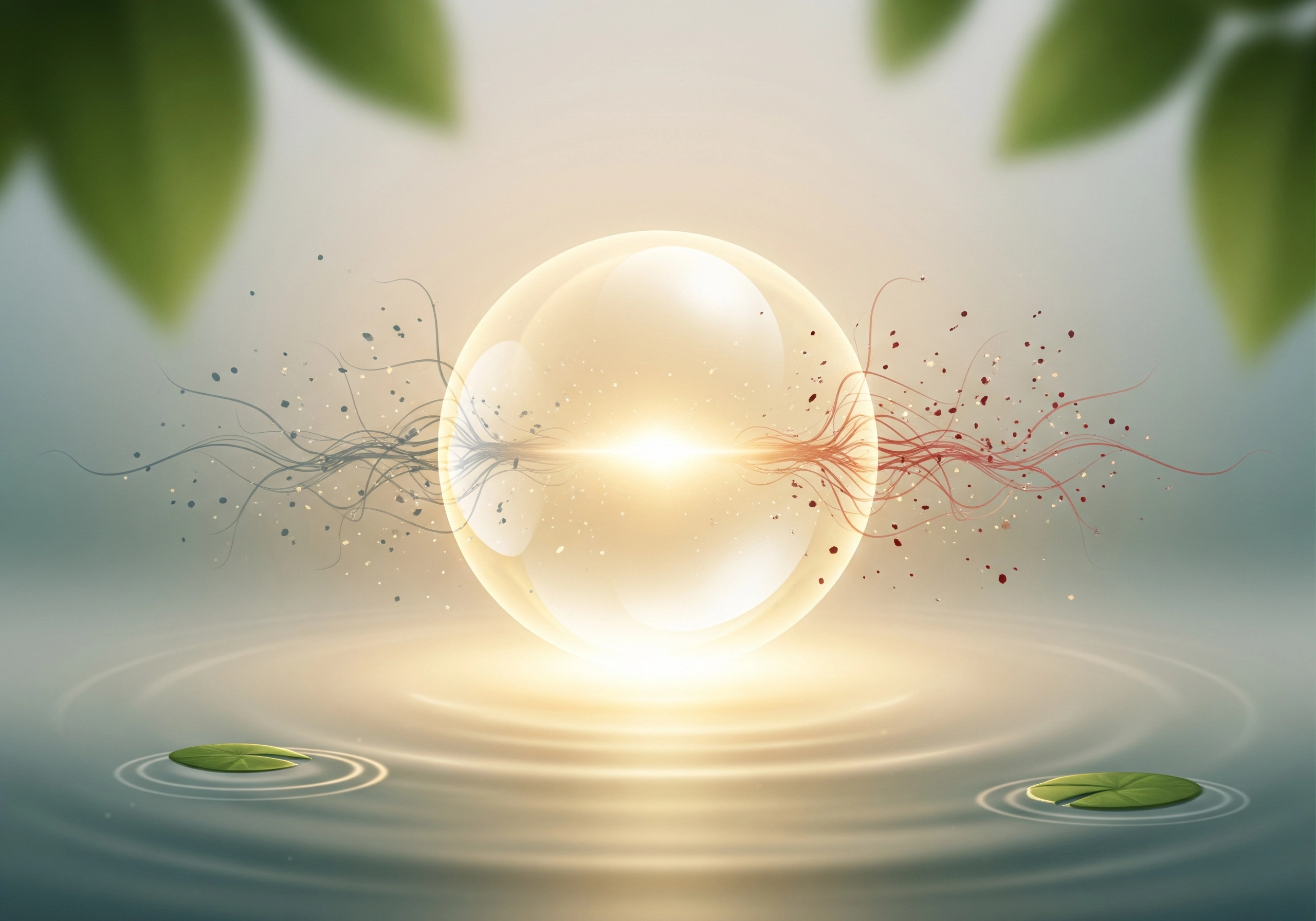 Glowing orb in water with lily pads, representing inner peace. Mindfulness meditation concept.