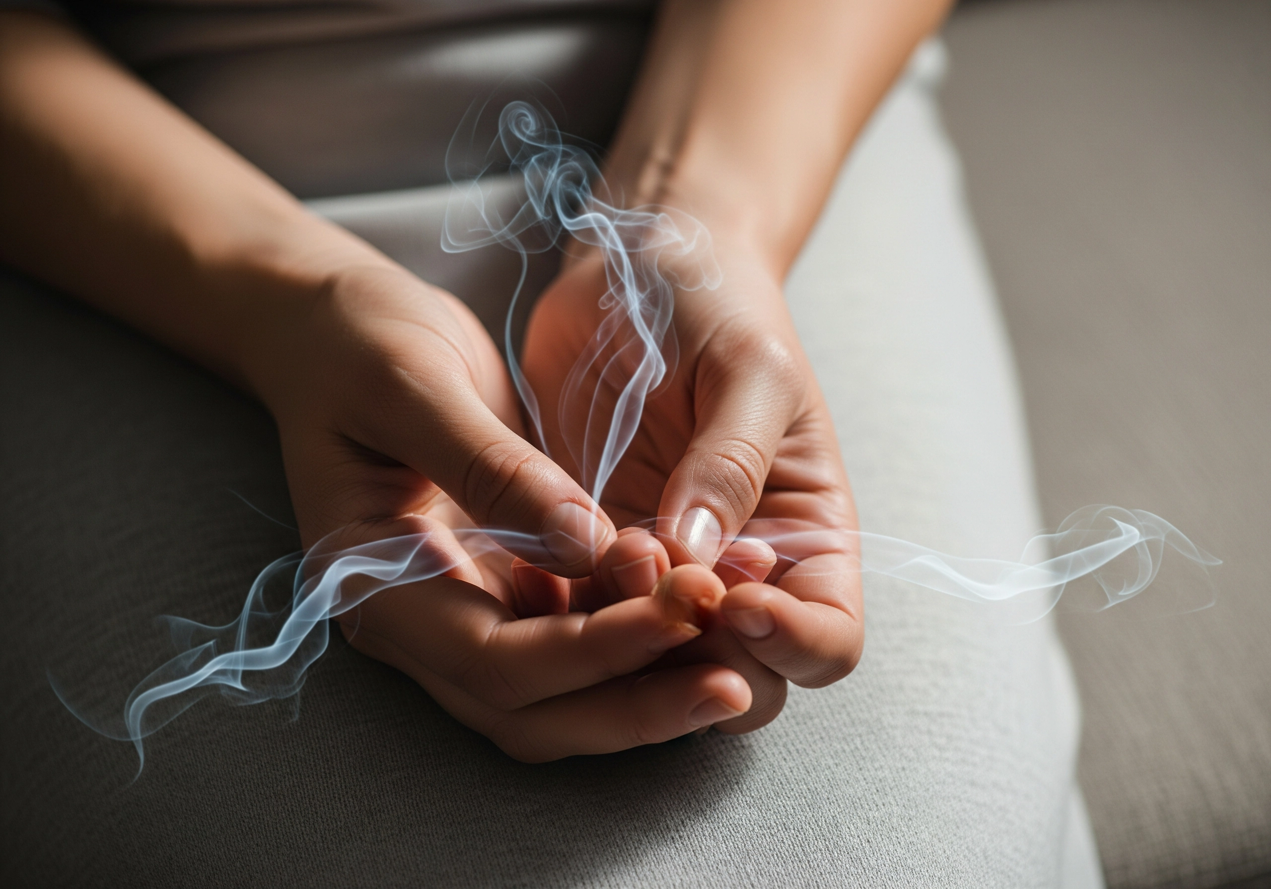 Close-up of hands with smoke effect; symbolizing stress reduction through mindfulness techniques.