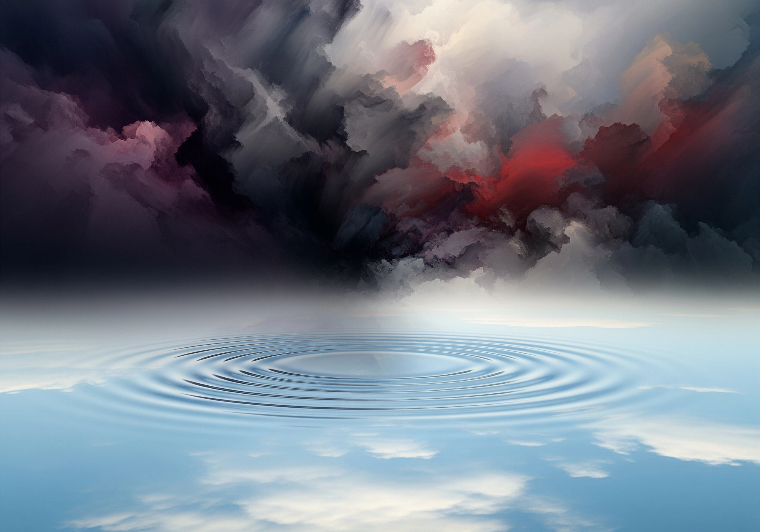 Water ripple with dark storm clouds, representing inner clarity through mindfulness meditation.
