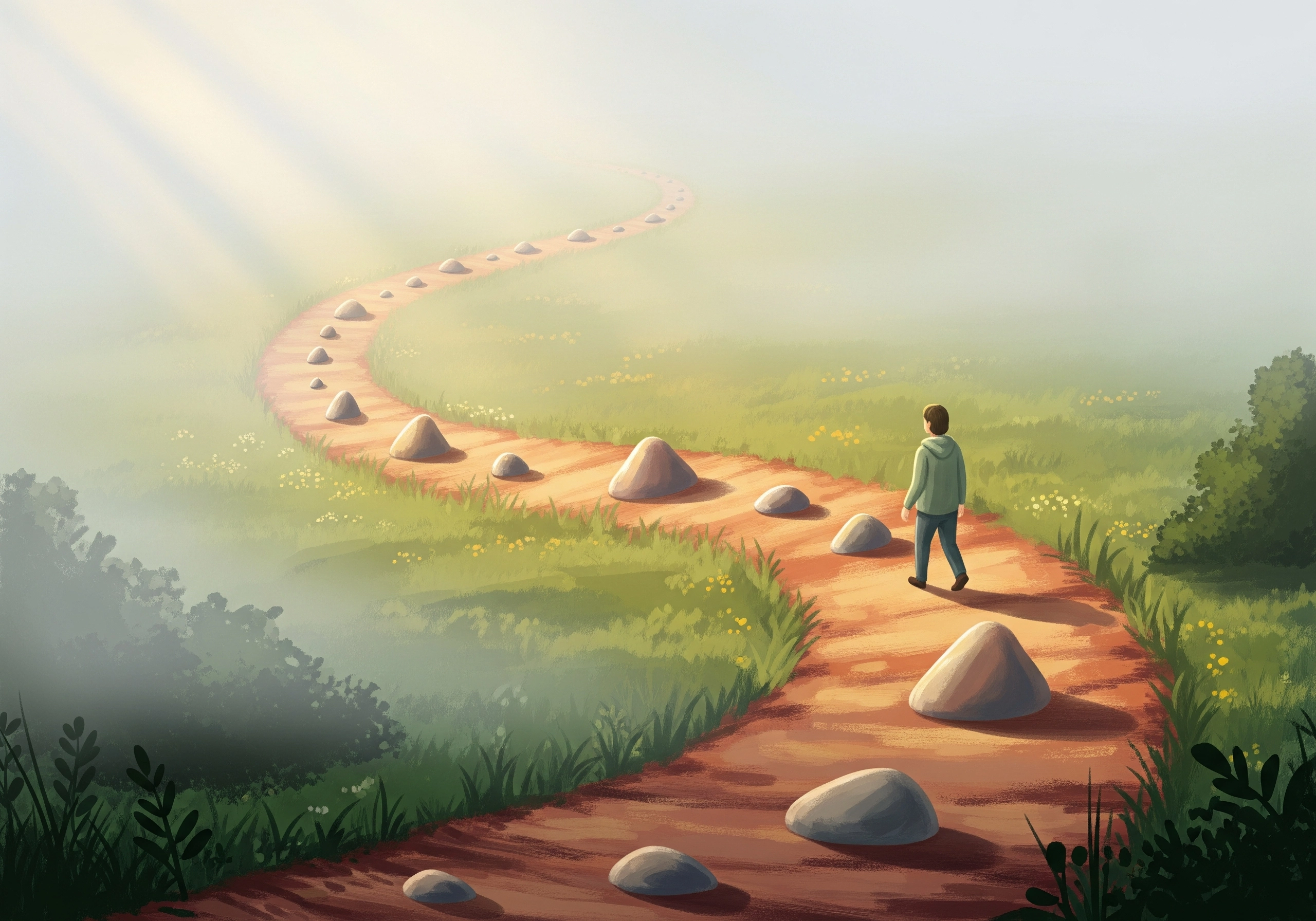 Person walking rock-lined path, symbolizing mindfulness practice for stress reduction.