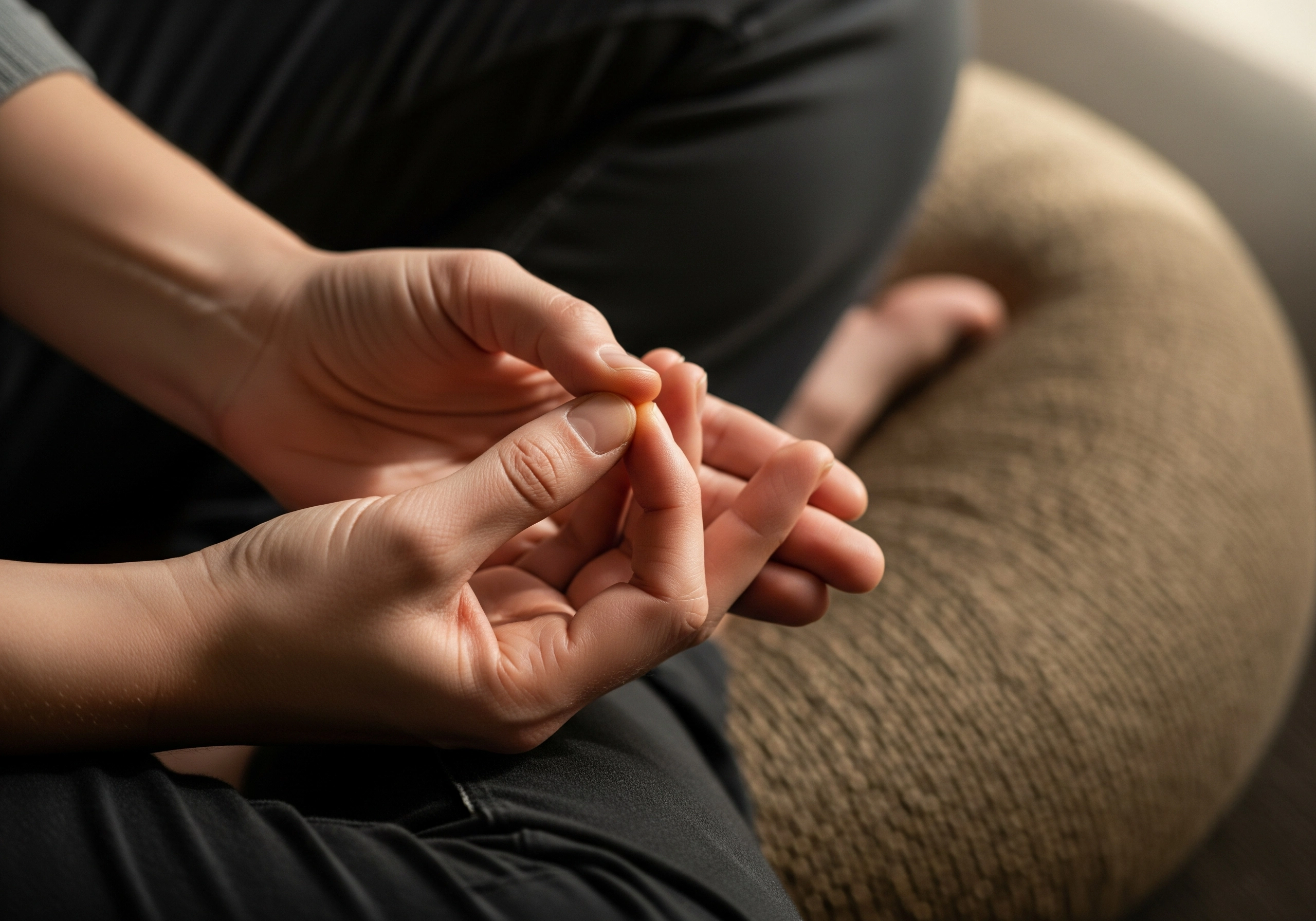Close-up of hands in Gyan Mudra pose for zen meditation; practicing daily zen meditation.