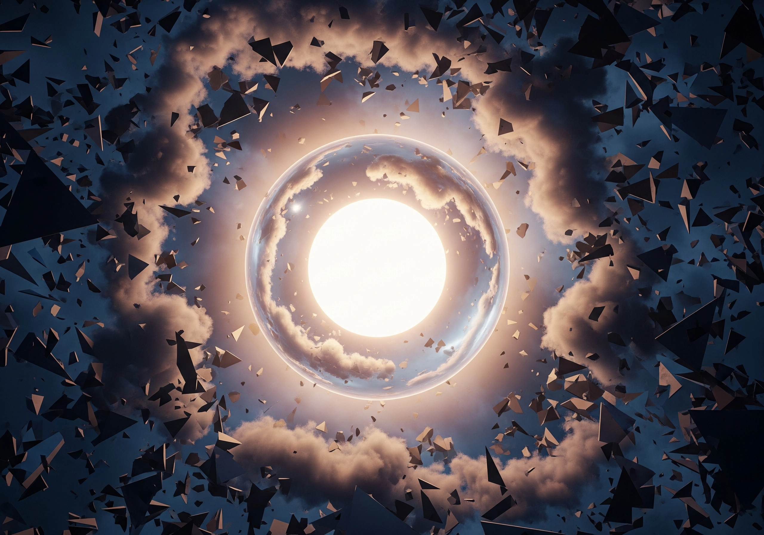 Abstract cosmic background with bright orb surrounded by dark clouds.