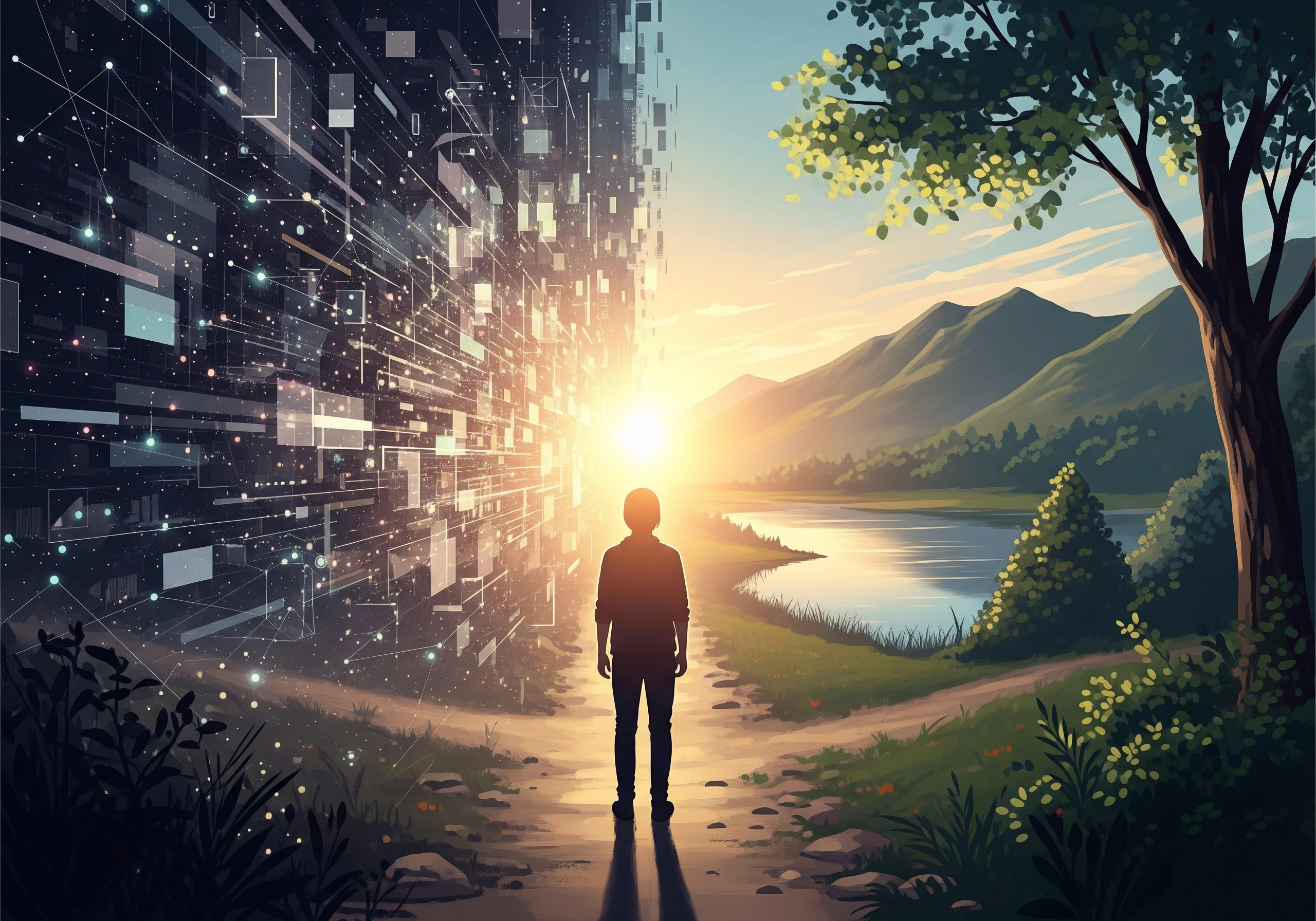 Person standing at the edge of digital and natural worlds, enhancing presence.