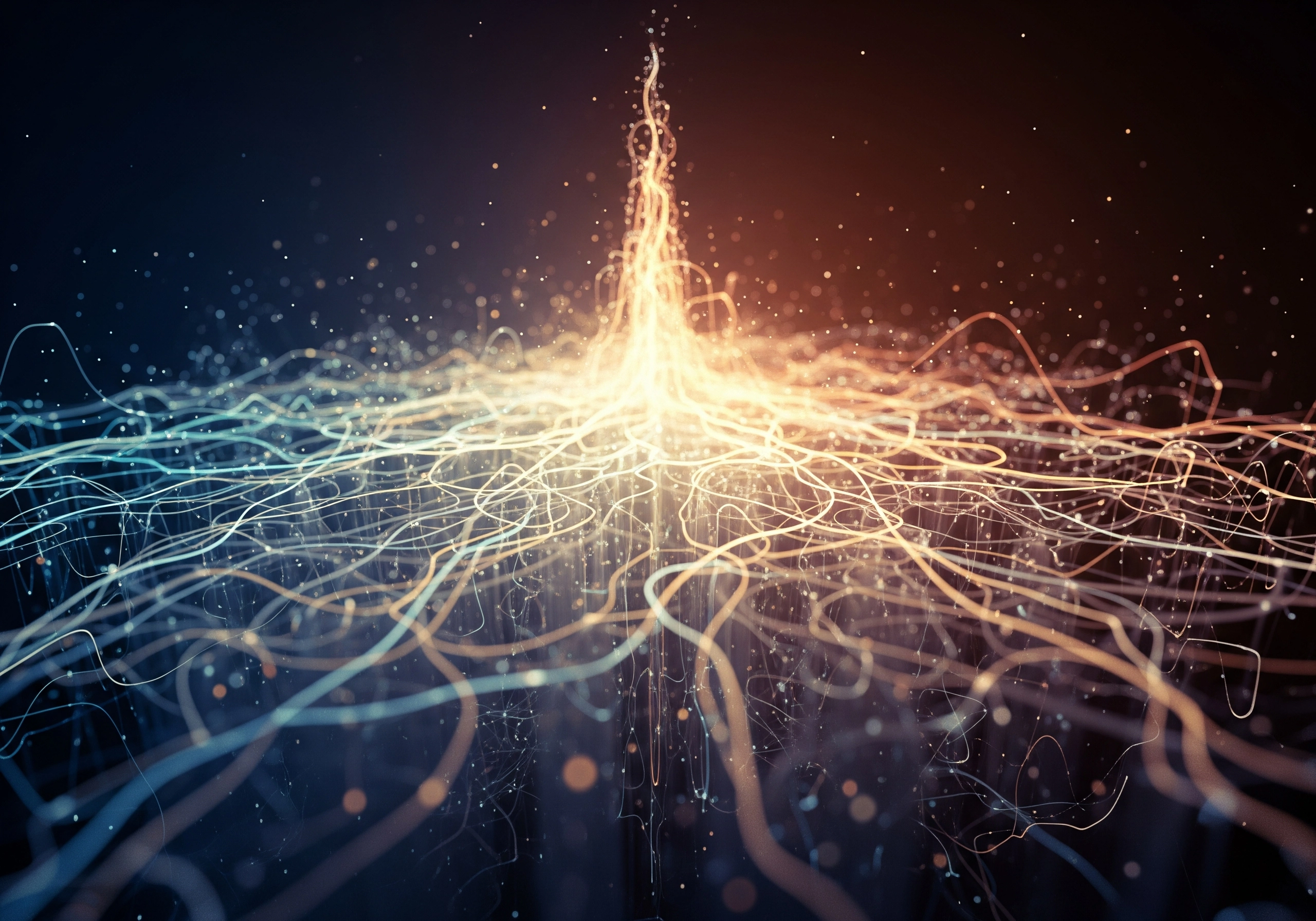 Abstract illustration of glowing lines converging upwards in blue and orange hues.