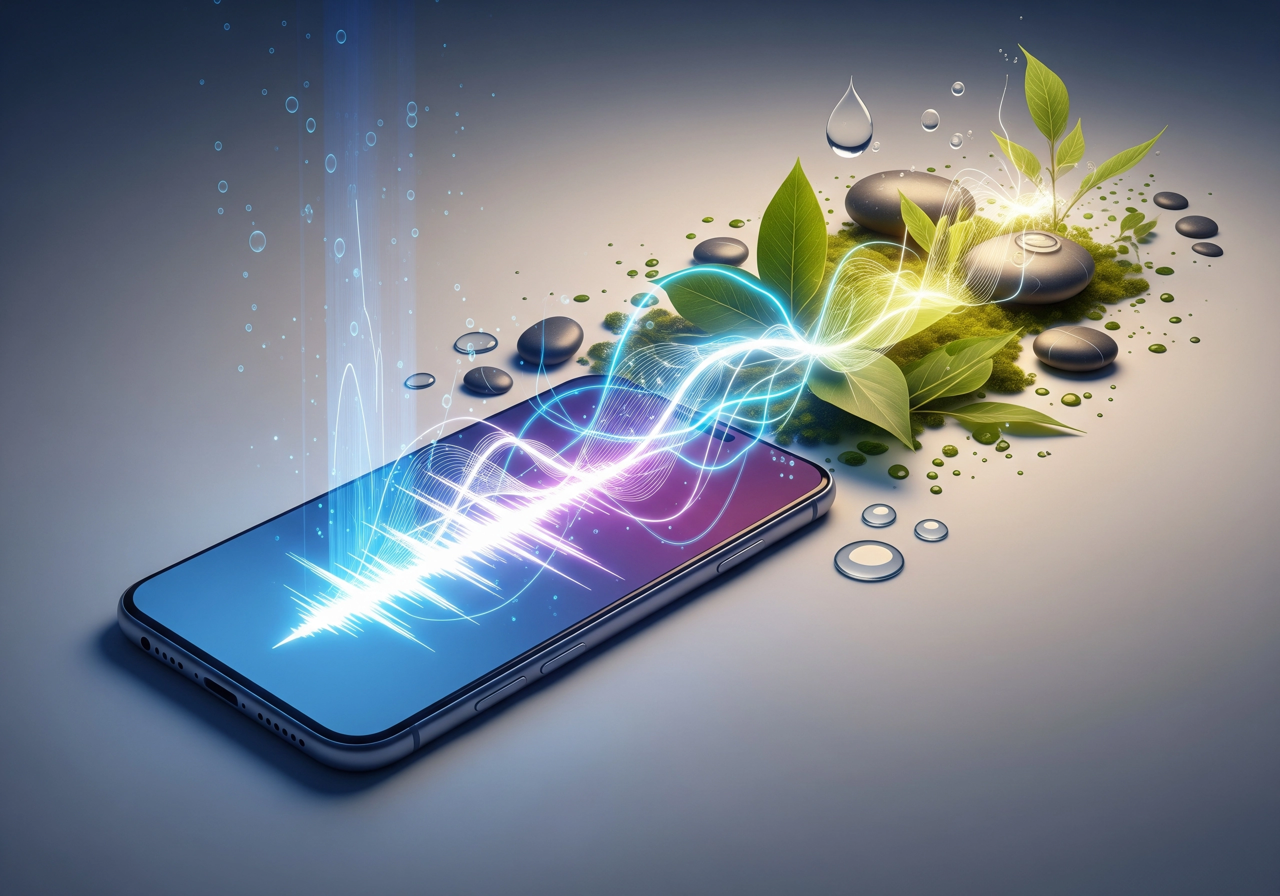 Smartphone displaying energy waves, representing guided mindfulness meditation.