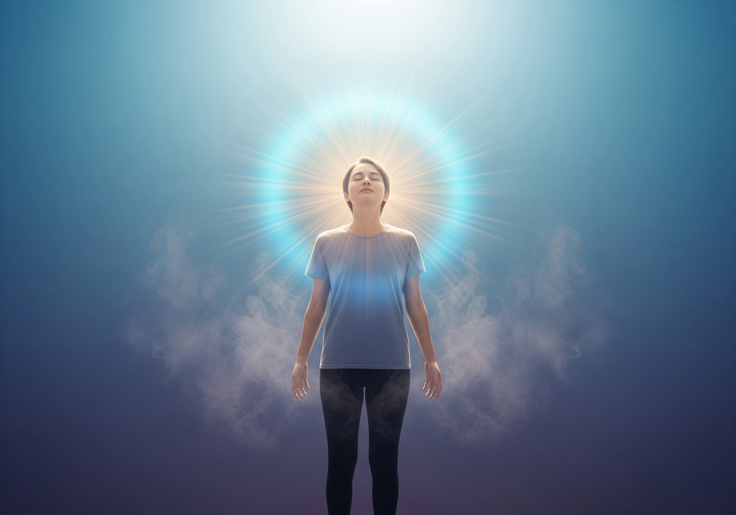 Woman meditating in glowing light, visualizing anxiety release and calm mind.
