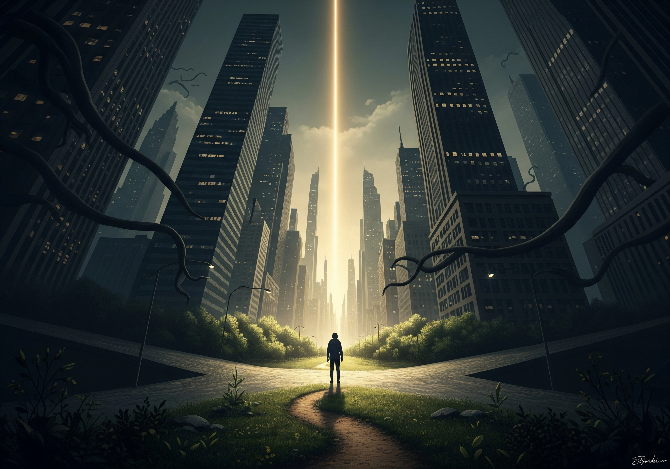 Person stands on path in city, facing a light. Metaphor for overcoming worry.