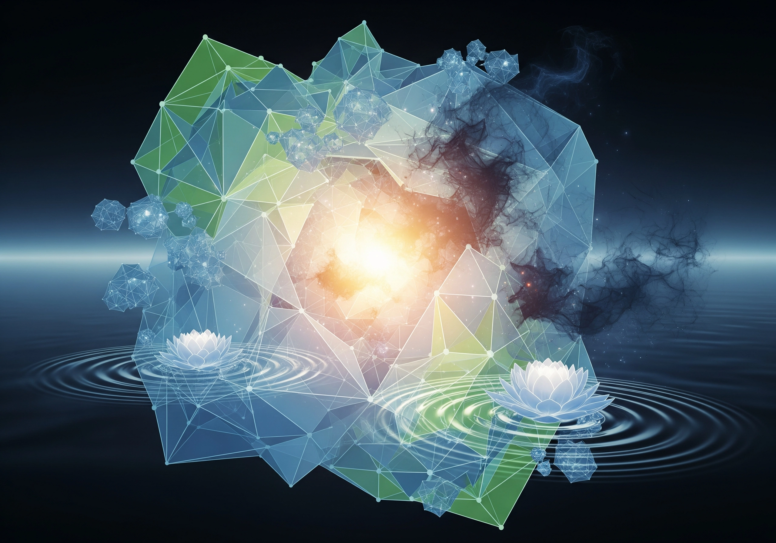 Abstract geometric shapes with lotus flowers reflecting on rippled water.