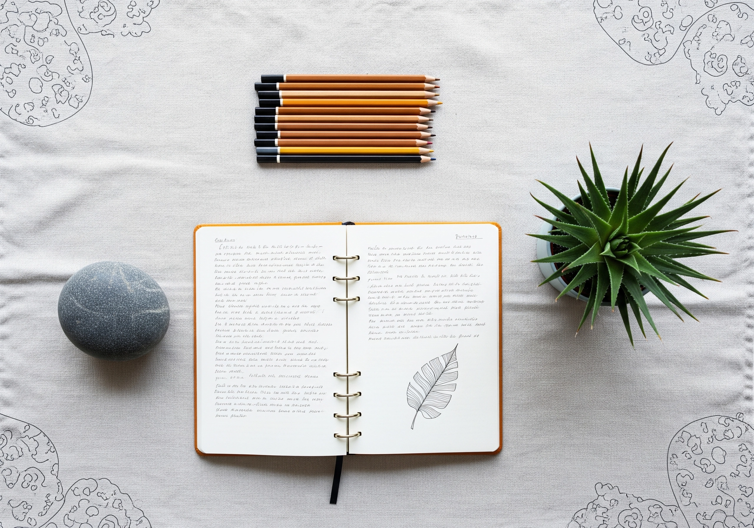 Open notebook with calming leaf drawing, pencils, smooth stone, and potted aloe vera plant.