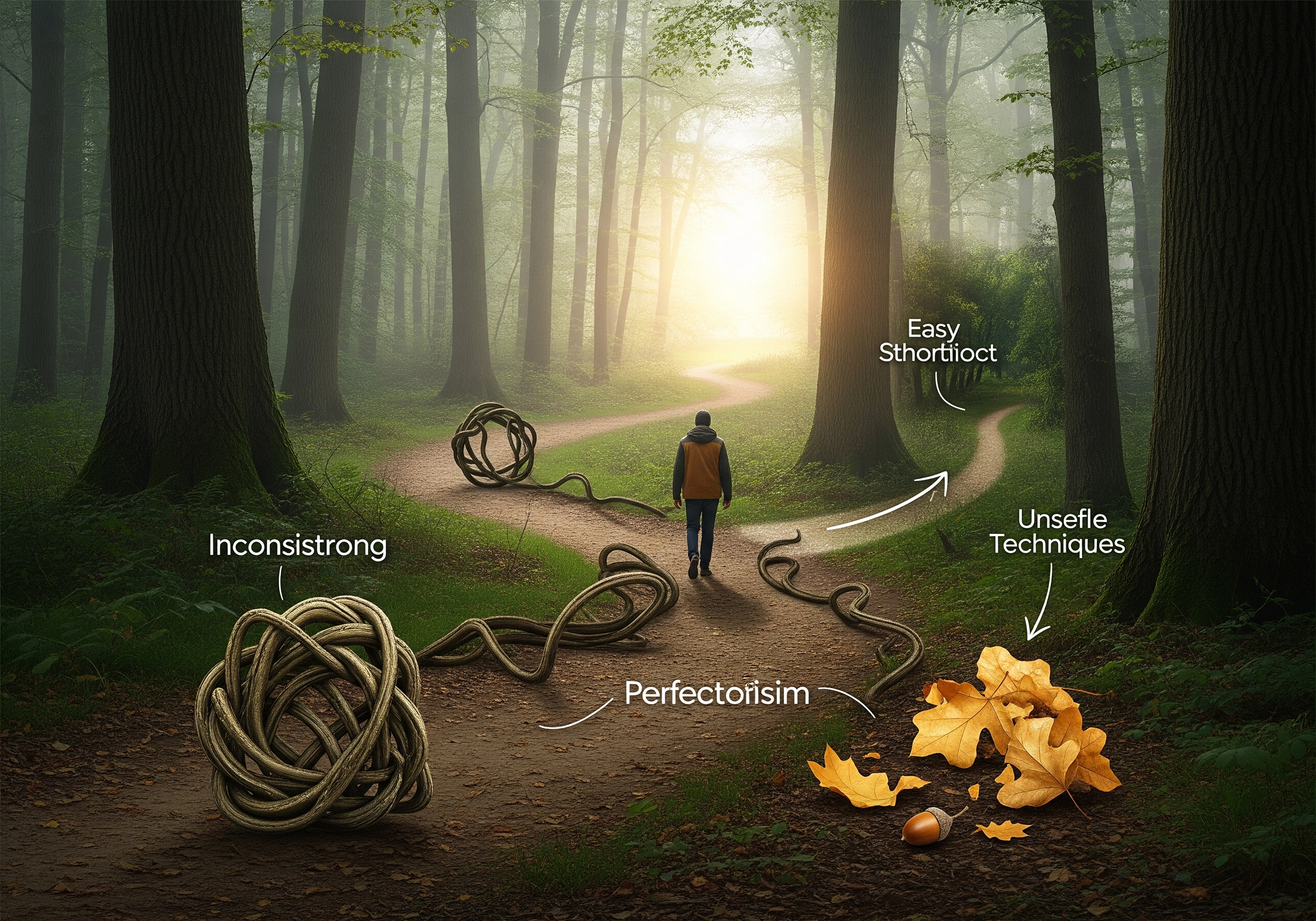 Figure walking away from anxiety triggers on forest path toward anxiety relief.