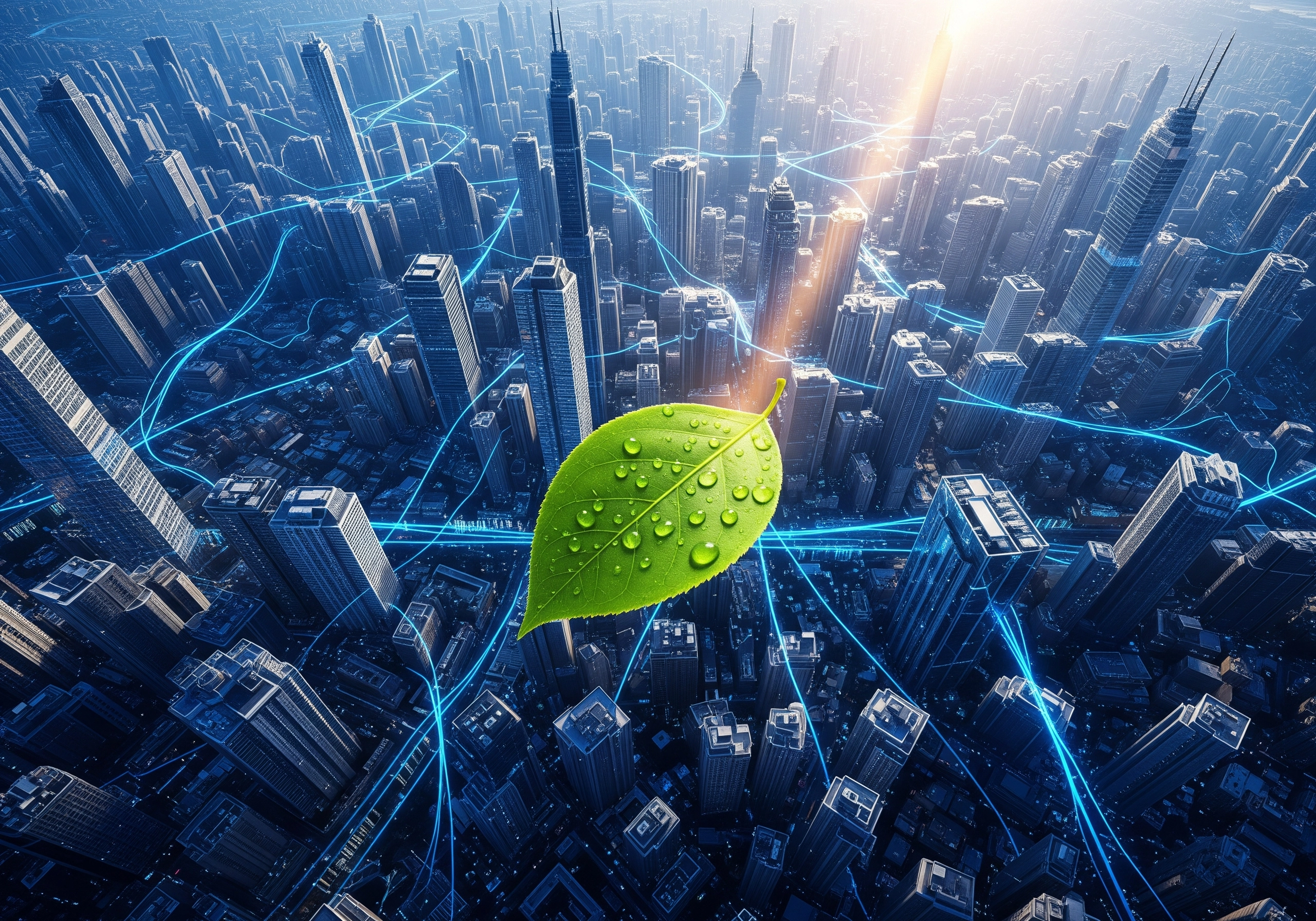 Aerial view of city skyline with green leaf in foreground, symbolizing mindful living in an urban environment.