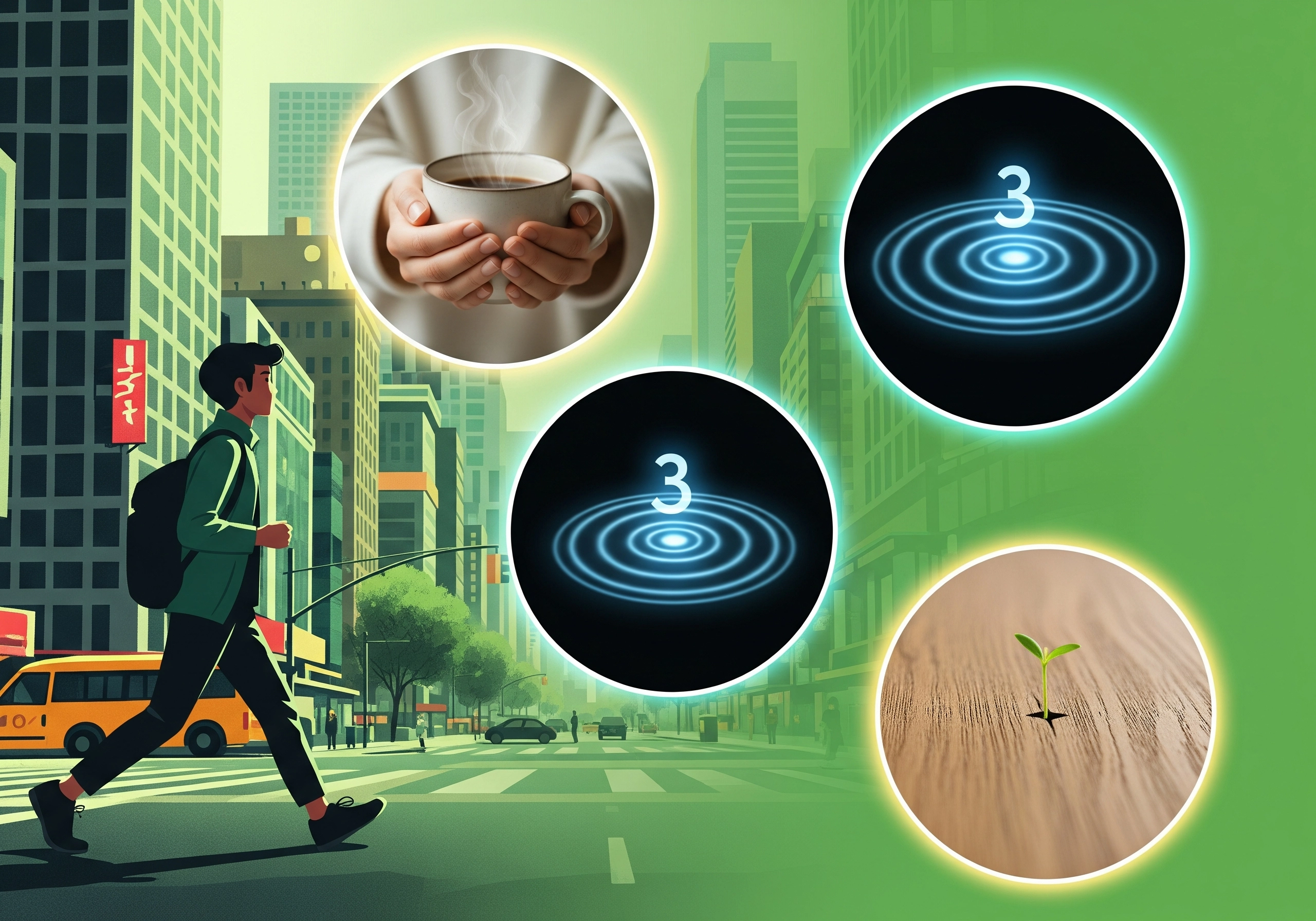 Collage: man walking, coffee cup, ripple effect, seedling, steps to everyday awareness.