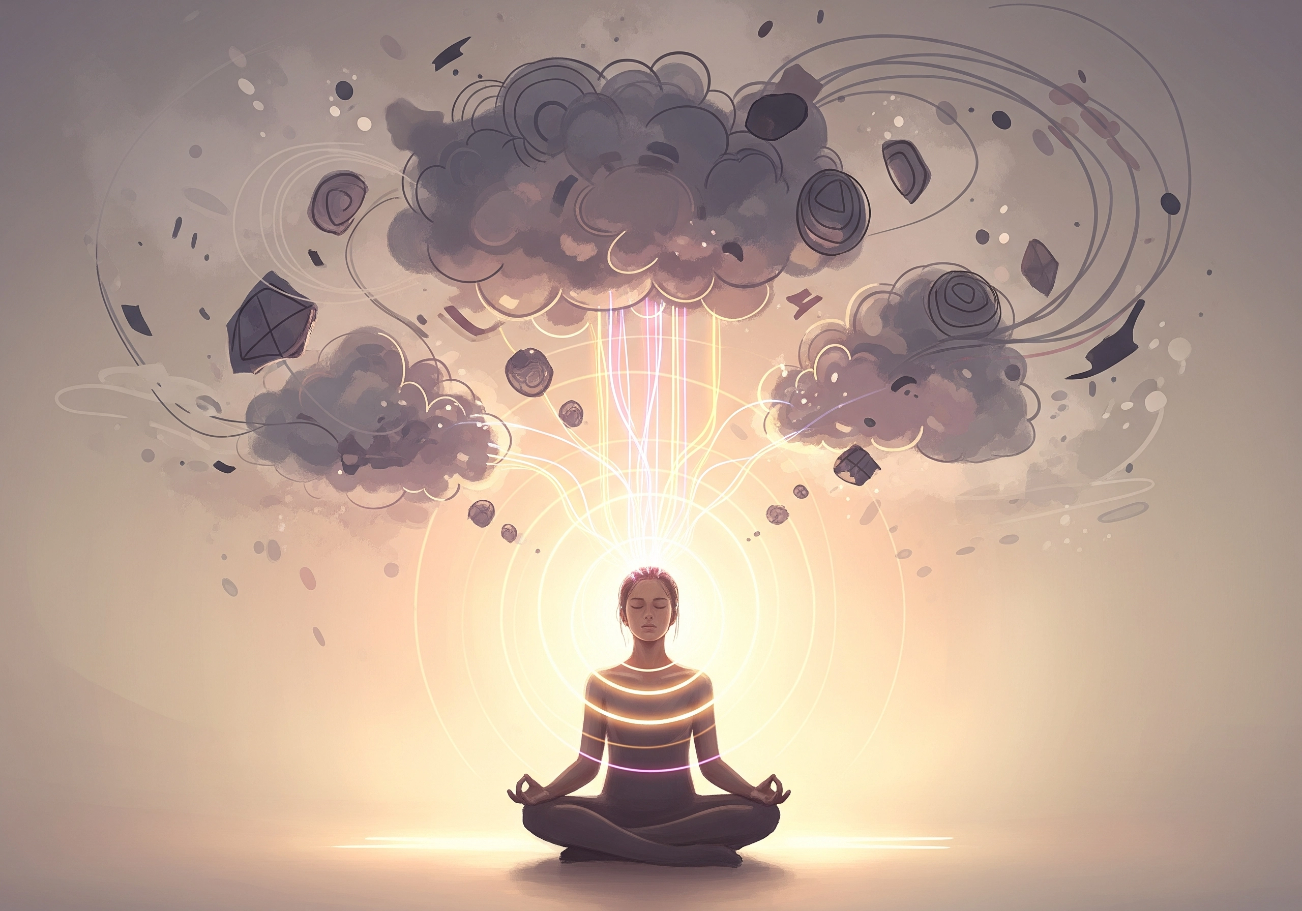Woman in lotus pose meditating with light beams, representing mindfulness and meditation and mindfulness practice.