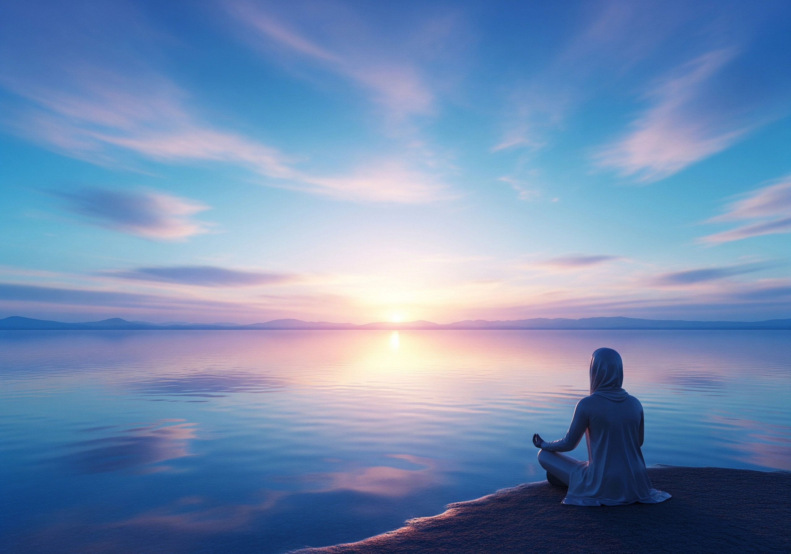 Person in white meditating by water at sunset for inner peace by 2026