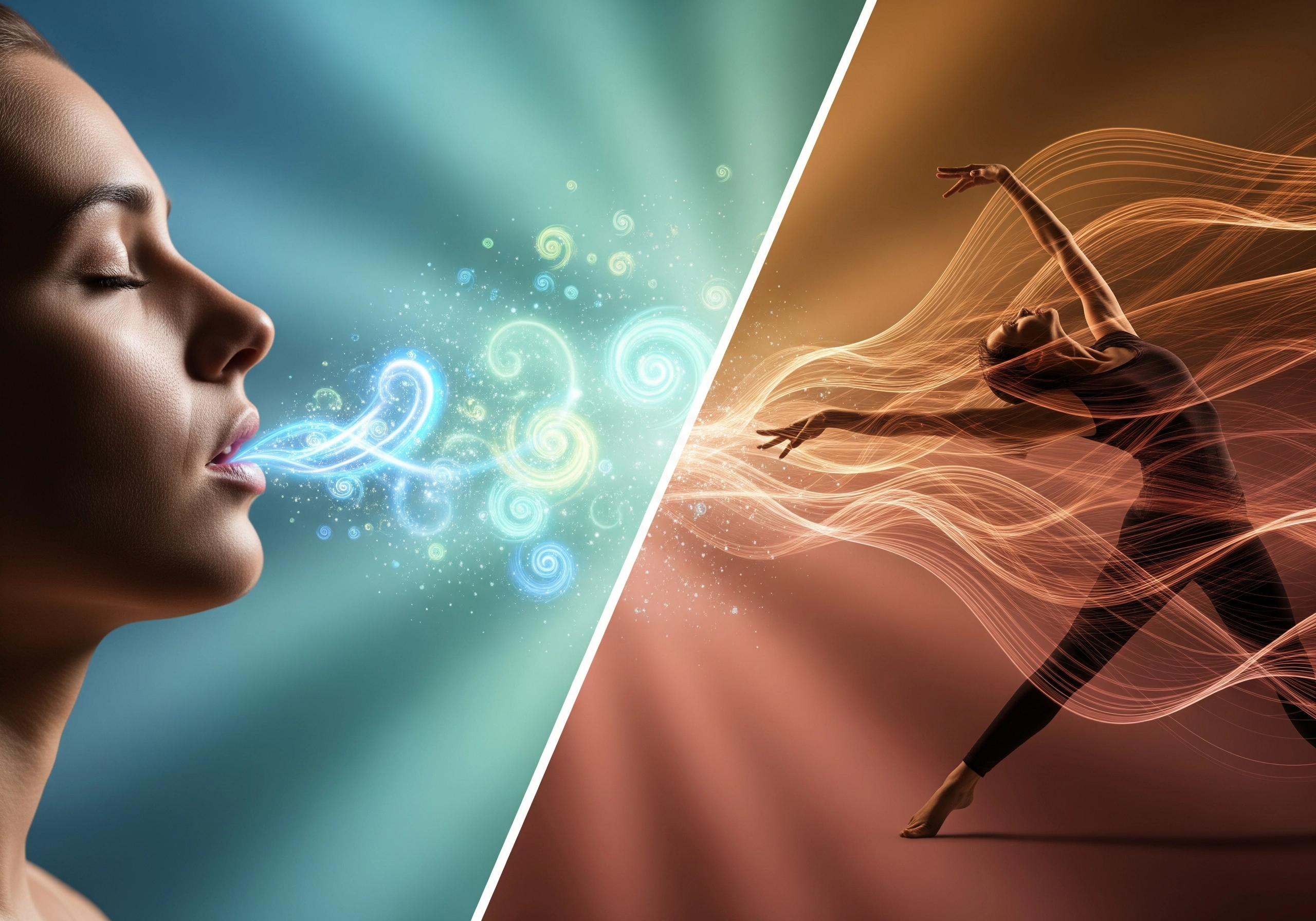 Woman exhaling light, dancer with energy trails, ways to release anxiety