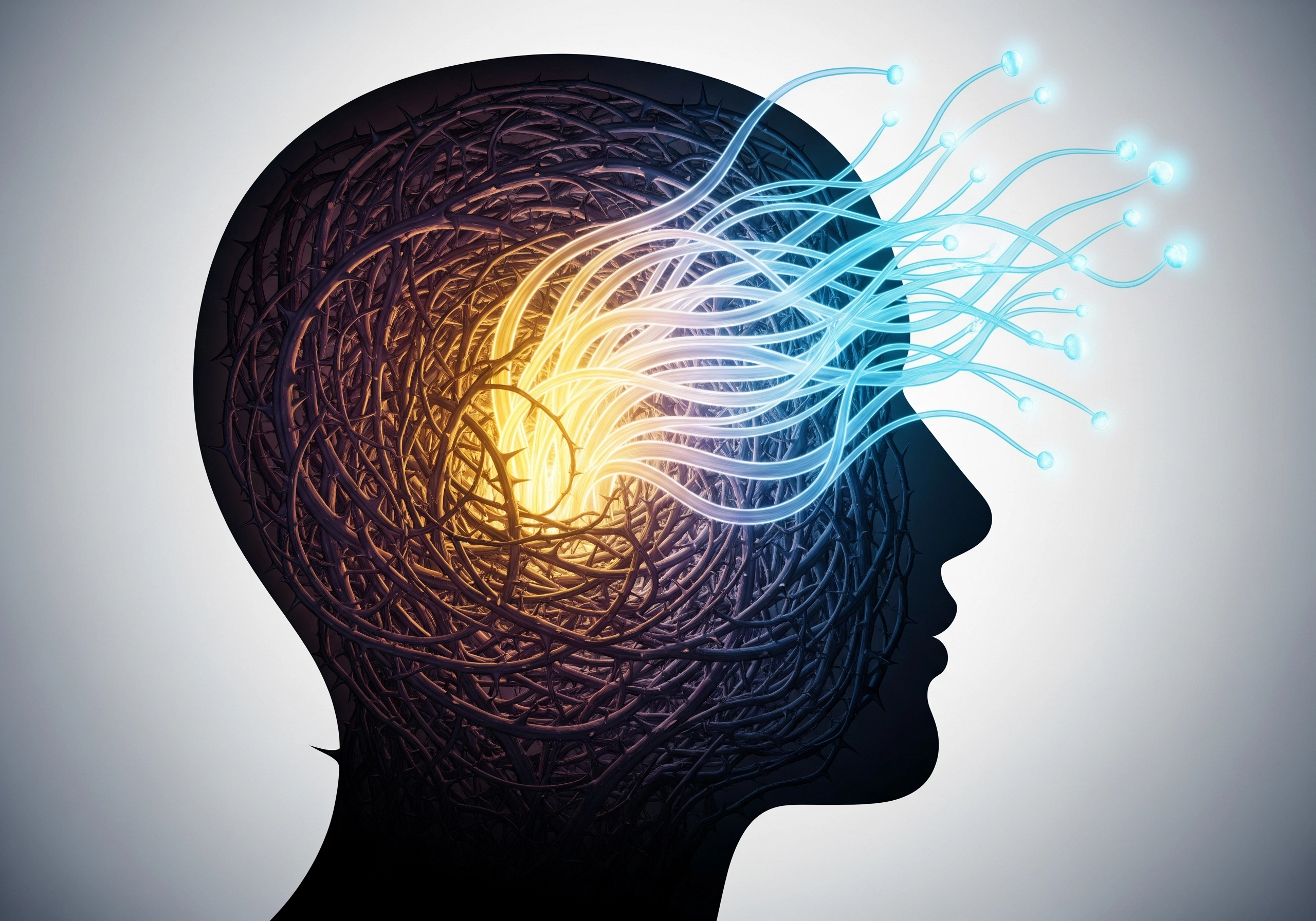 Stylized head with glowing connections, visualizing ways to release anxiety and achieve inner peace.