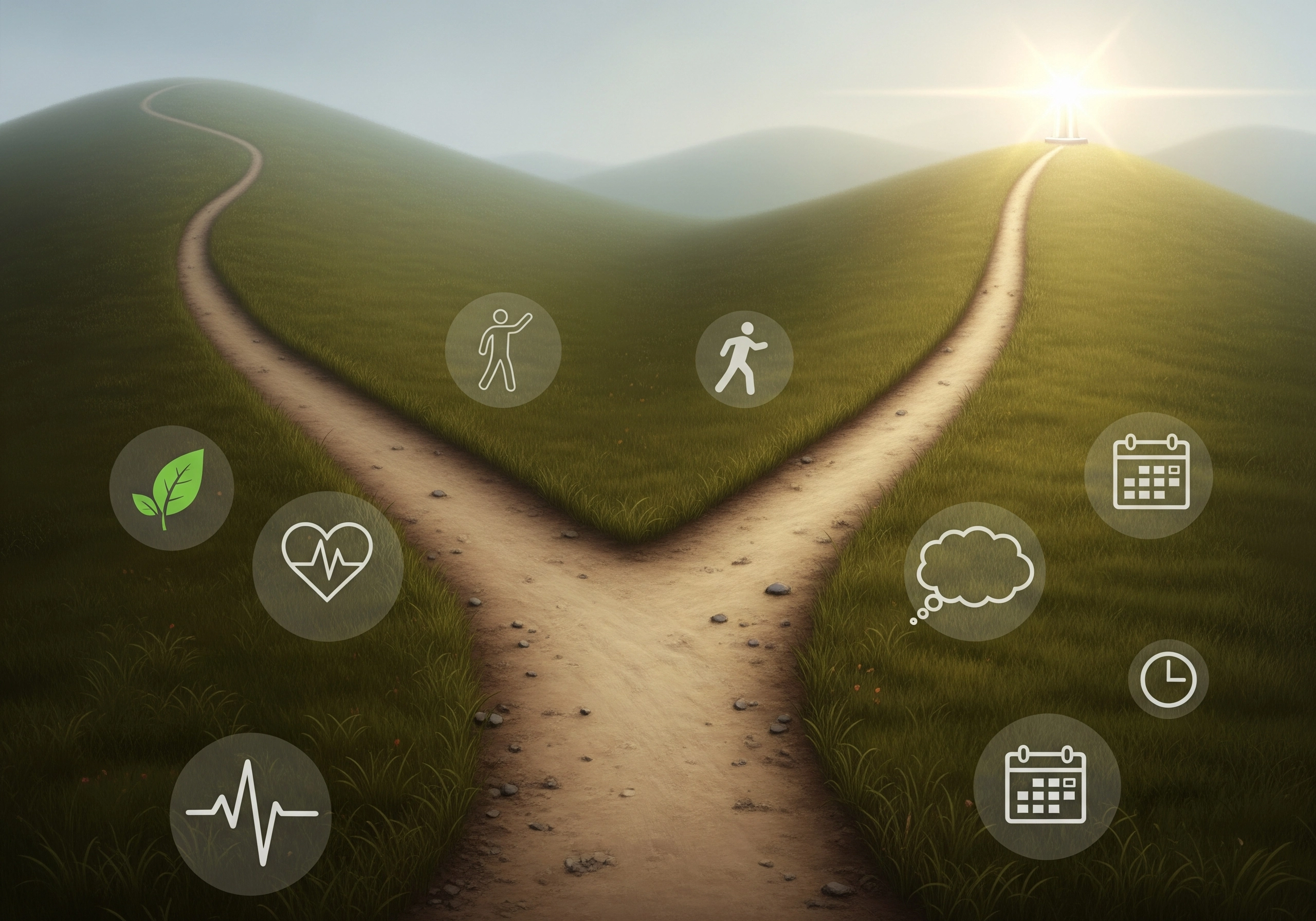 Fork in the road with health icons, symbolizing practical steps anxiety relief to achieve inner peace.