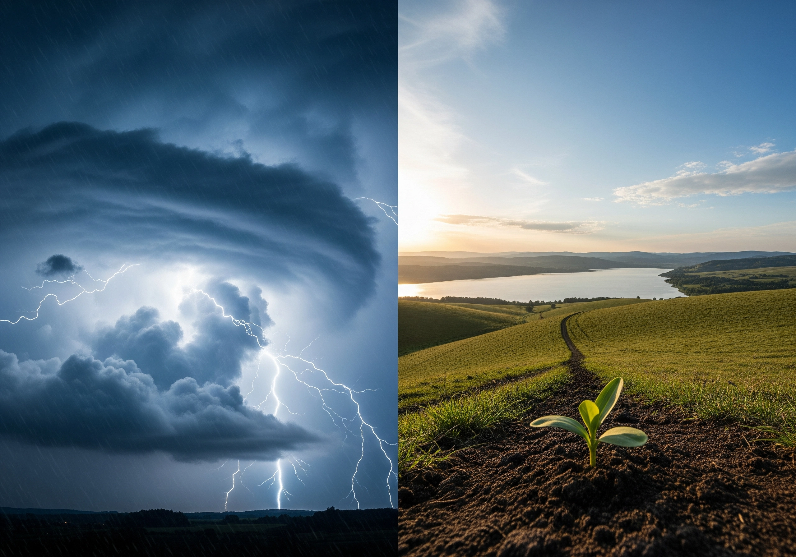 Storm with lightning and a seedling in soil, symbolizing overcoming stress and anxiety.