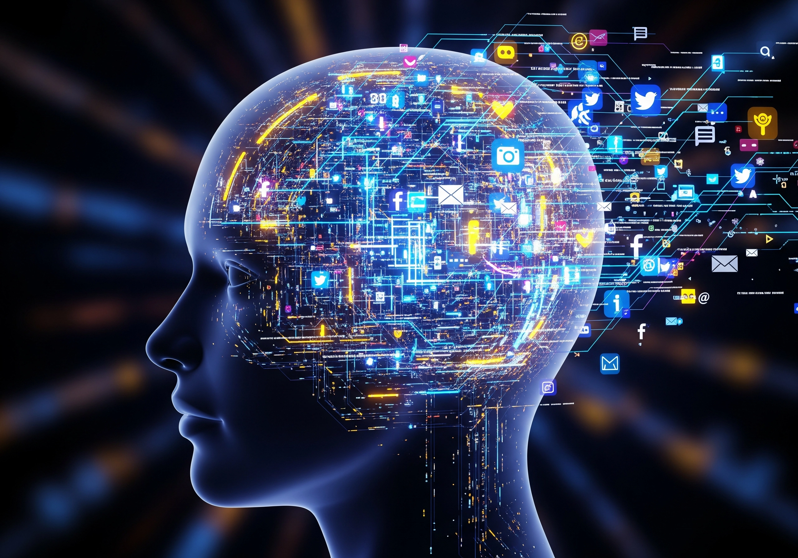 Digital mind with glowing icons, visualizing the overwhelmed mind needing anxiety relief.