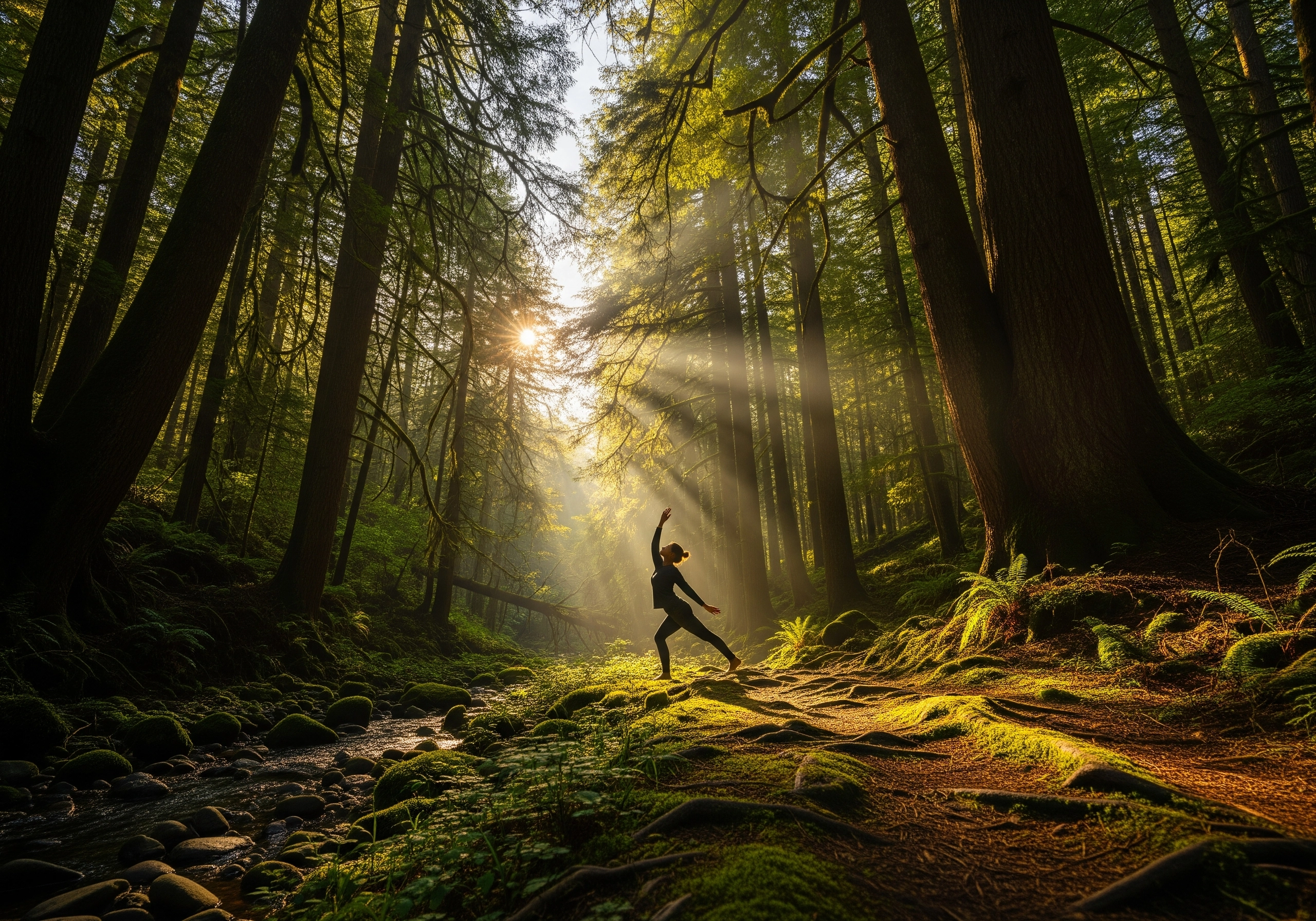 Woman practices relaxation for anxiety with yoga in a sunlit forest, seeking stress relief.