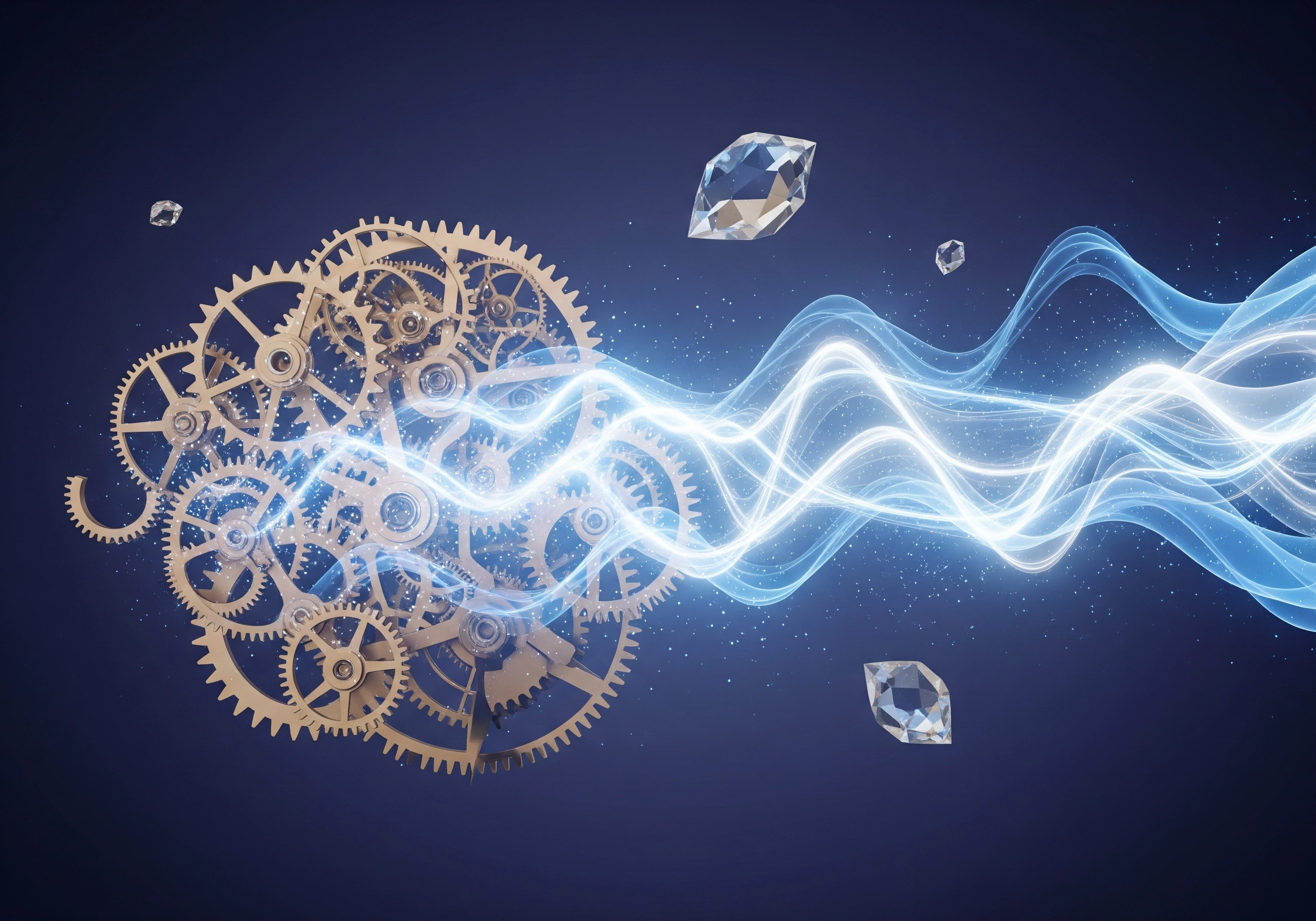 Golden gears with blue energy waves and diamonds on a dark blue background.