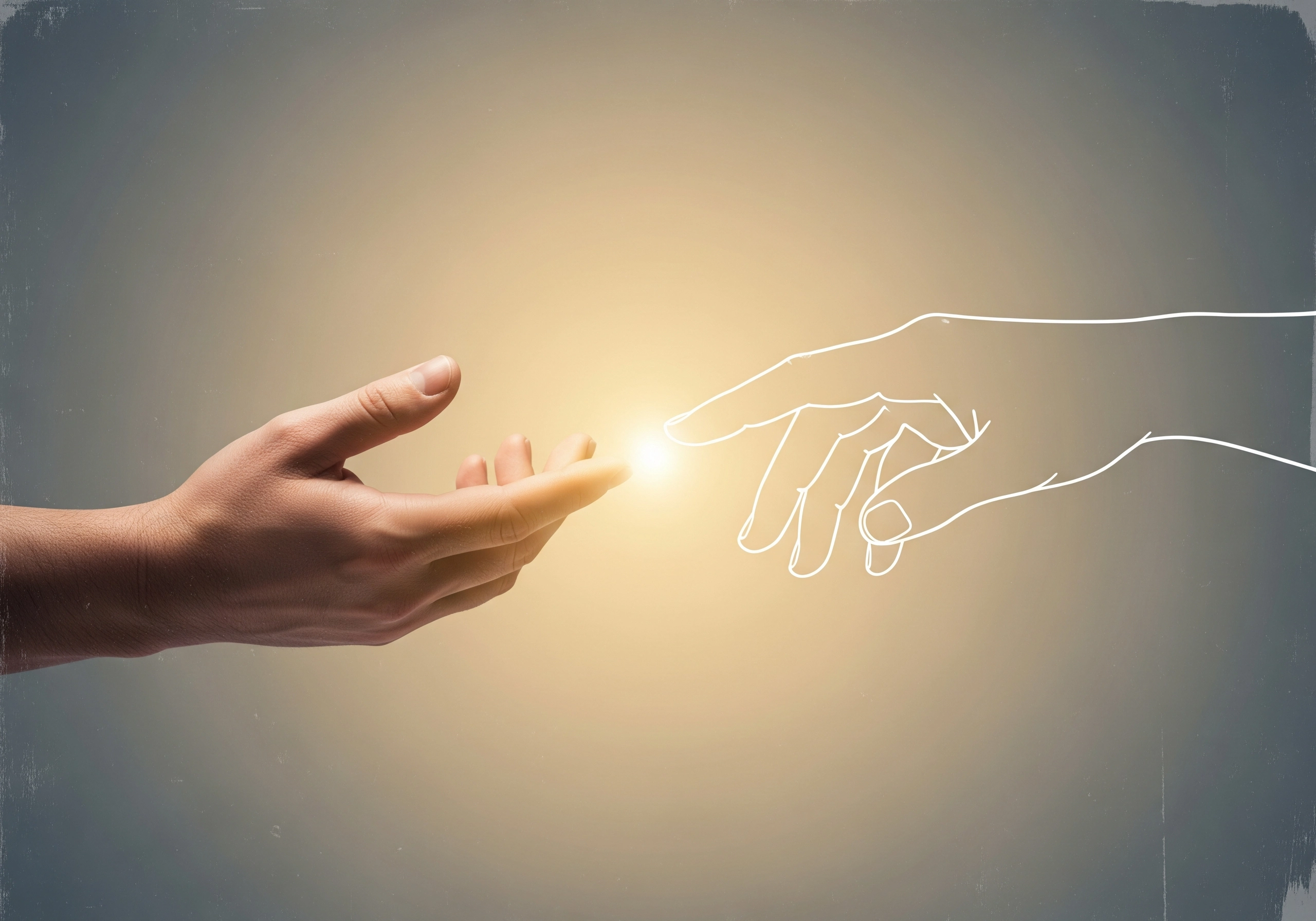 Real hand reaches for a sketched hand, symbolizing anxiety stress relief.