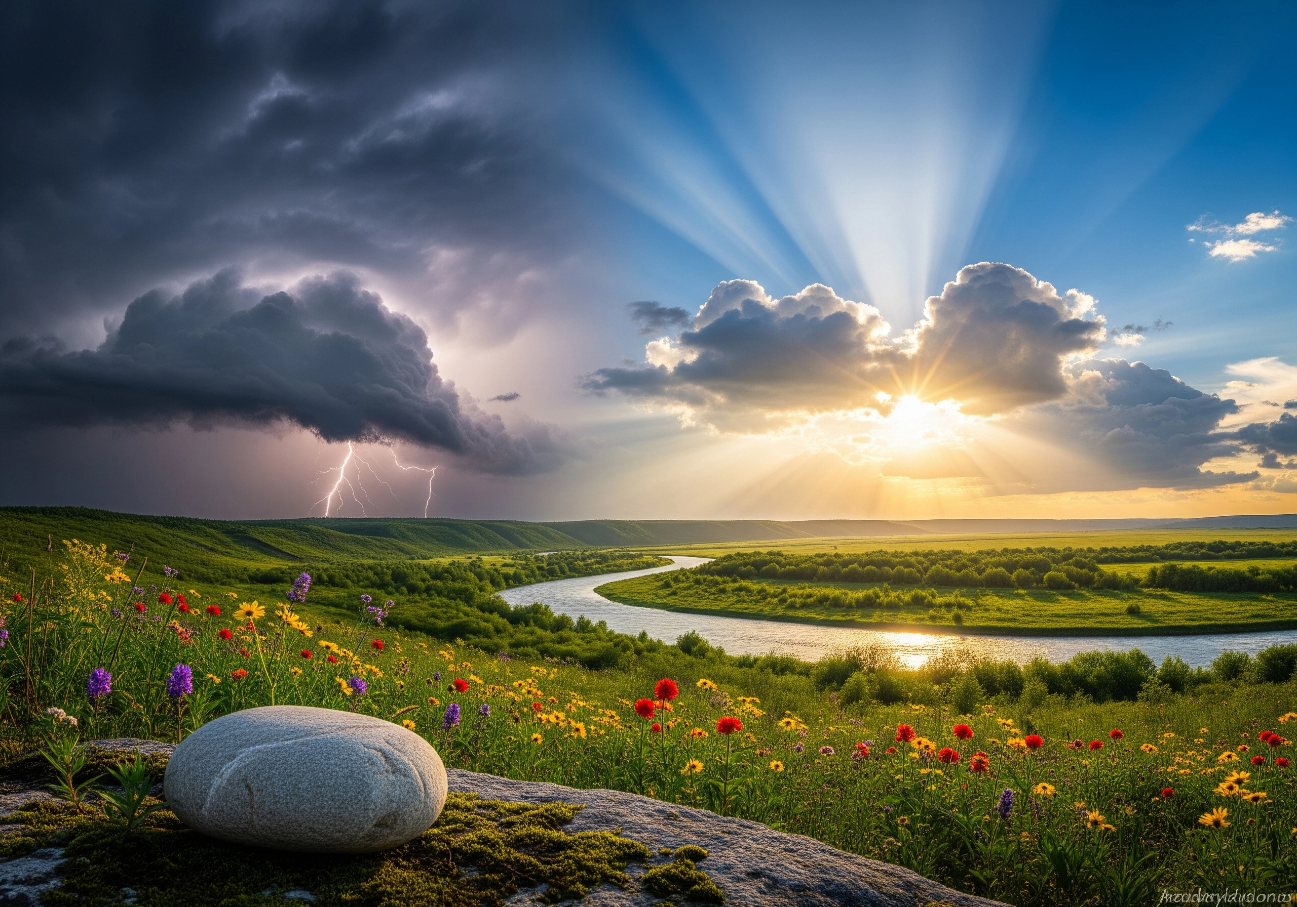Landscape with lightning, winding river, wildflowers, and sun rays for instant calm.
