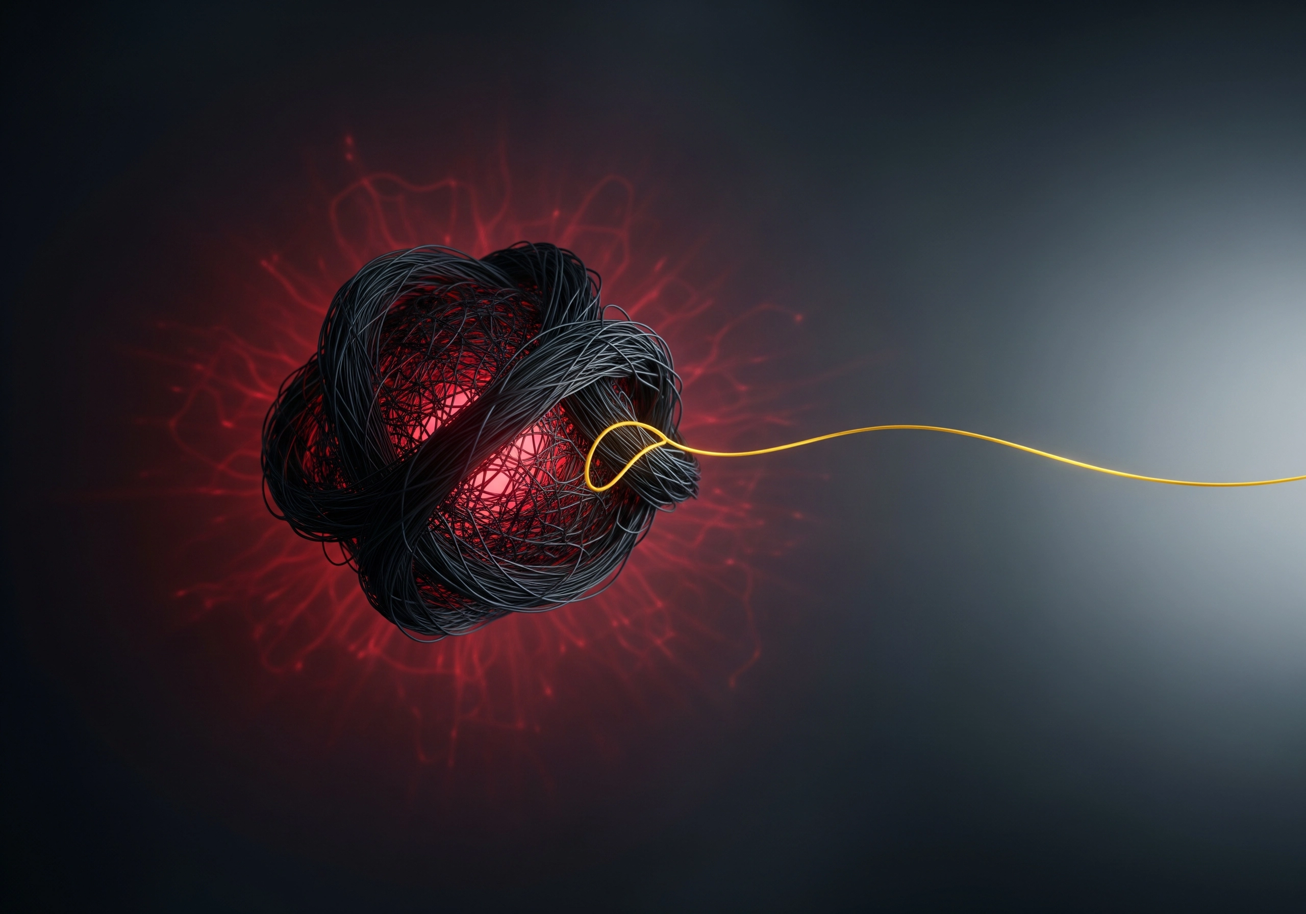 Tangled black wires around a red light, with one golden thread extending outwards.