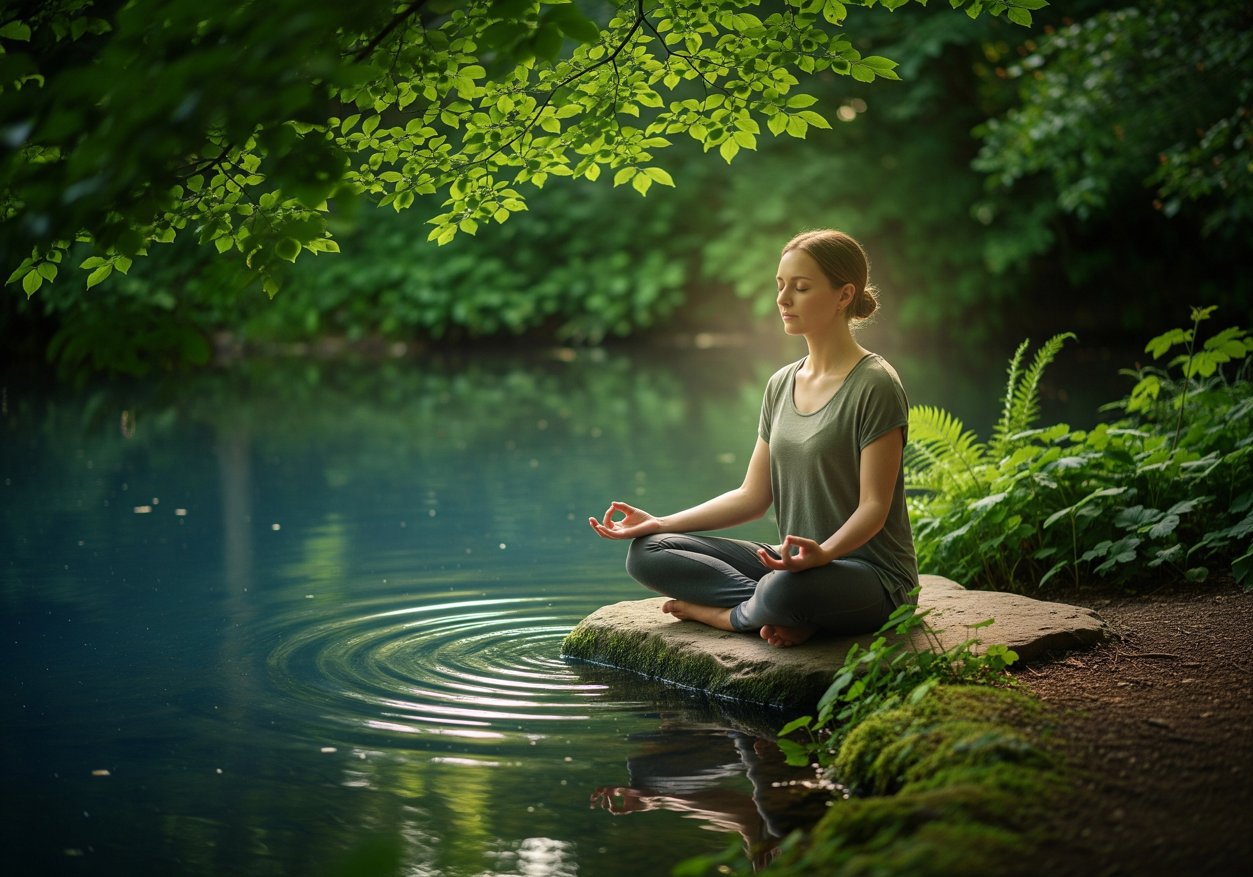 Woman meditating by a serene pond, a mental relaxation practice for anxiety relief.